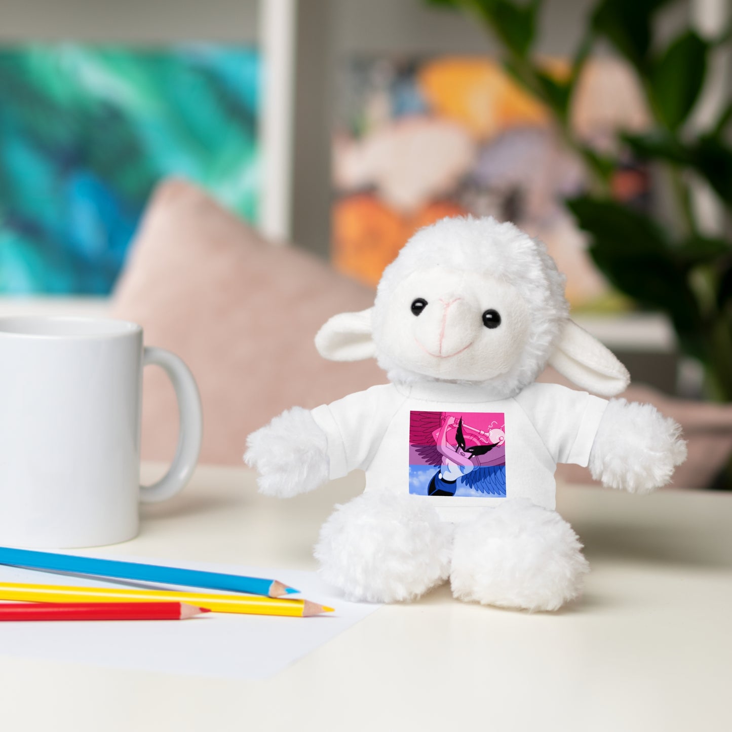 Plush Bear with Graphic Tee — Cute Pink & Blue Skateboard Design