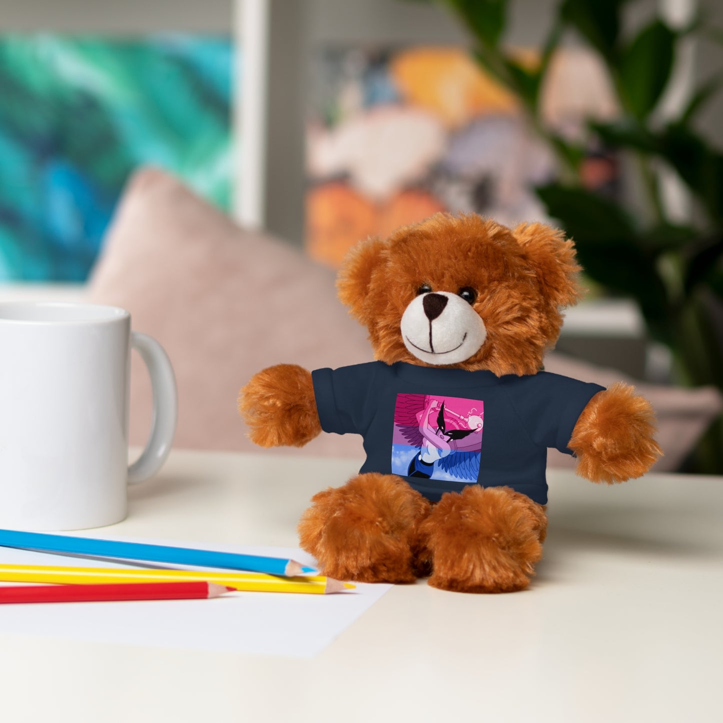 Plush Bear with Graphic Tee — Cute Pink & Blue Skateboard Design