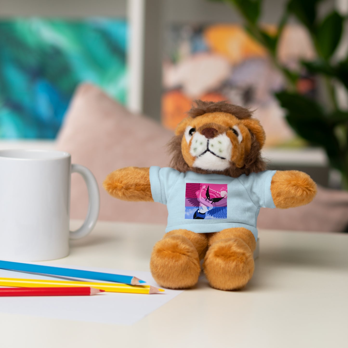 Plush Bear with Graphic Tee — Cute Pink & Blue Skateboard Design