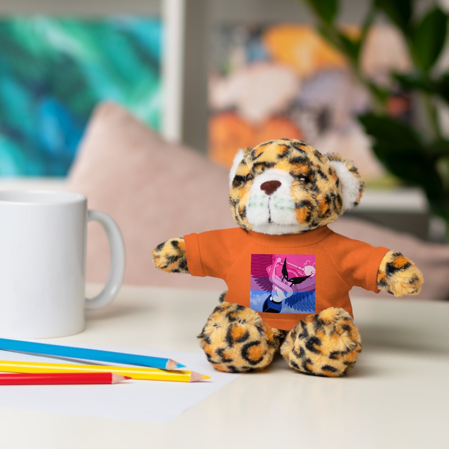 Plush Bear with Graphic Tee — Cute Pink & Blue Skateboard Design