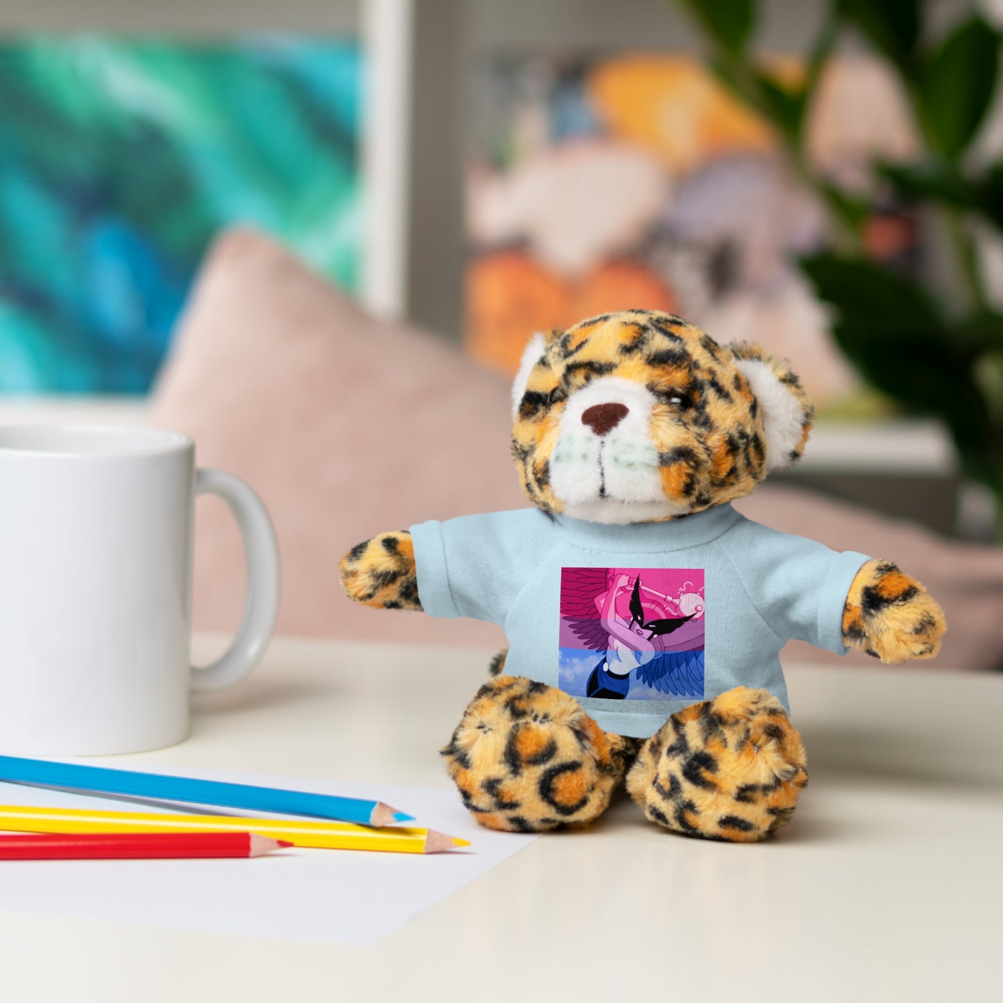 Plush Bear with Graphic Tee — Cute Pink & Blue Skateboard Design