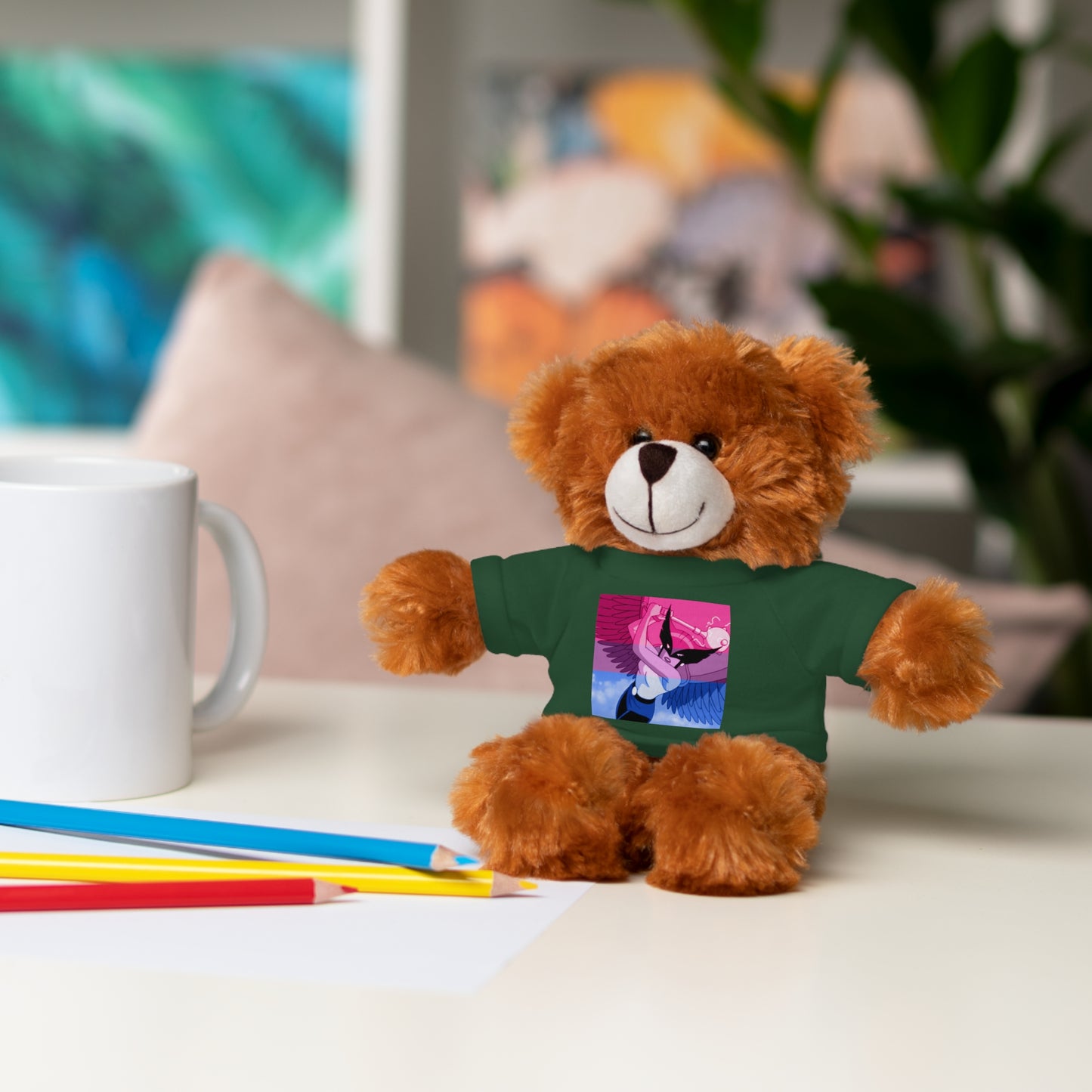 Plush Bear with Graphic Tee — Cute Pink & Blue Skateboard Design
