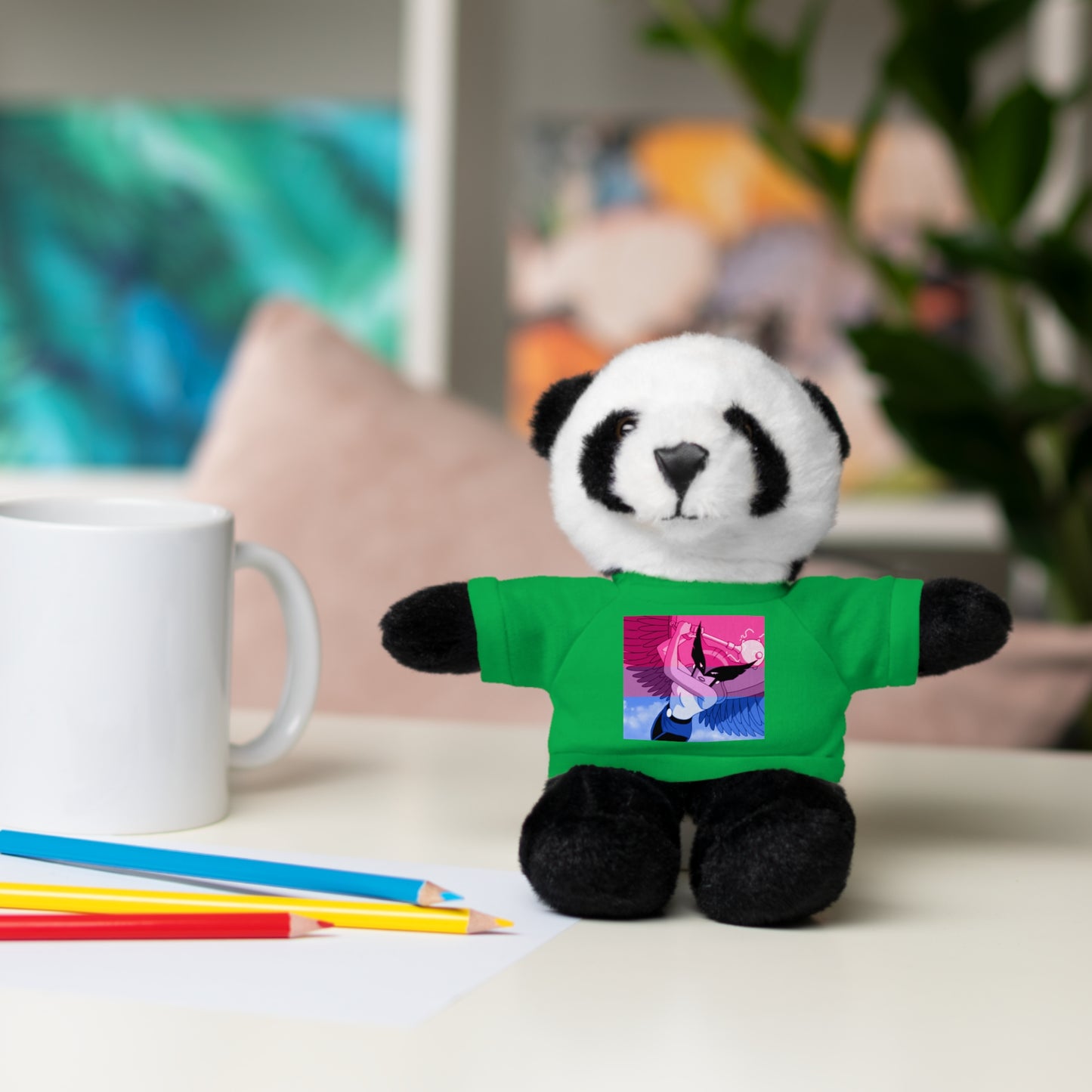 Plush Bear with Graphic Tee — Cute Pink & Blue Skateboard Design