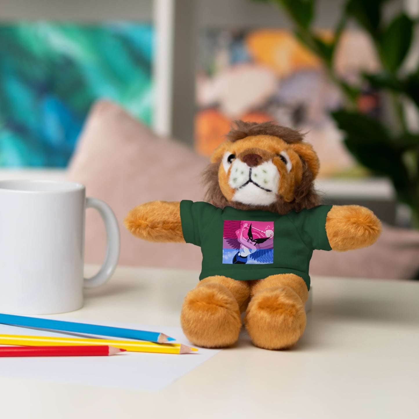 Plush Bear with Graphic Tee — Cute Pink & Blue Skateboard Design