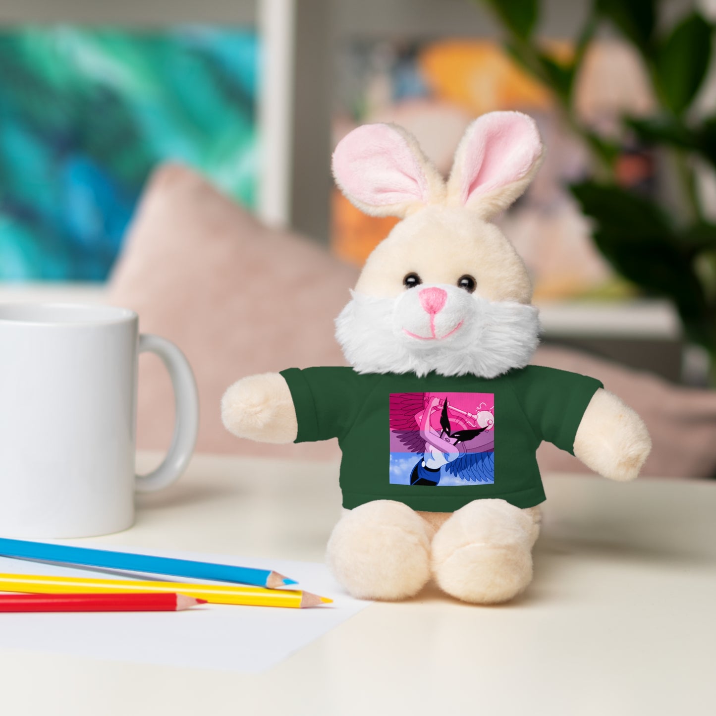 Plush Bear with Graphic Tee — Cute Pink & Blue Skateboard Design