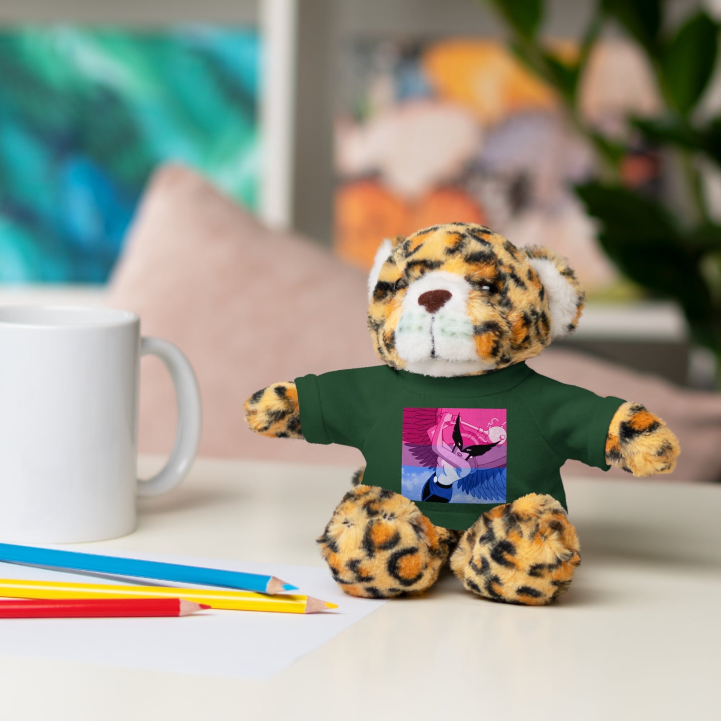 Plush Bear with Graphic Tee — Cute Pink & Blue Skateboard Design