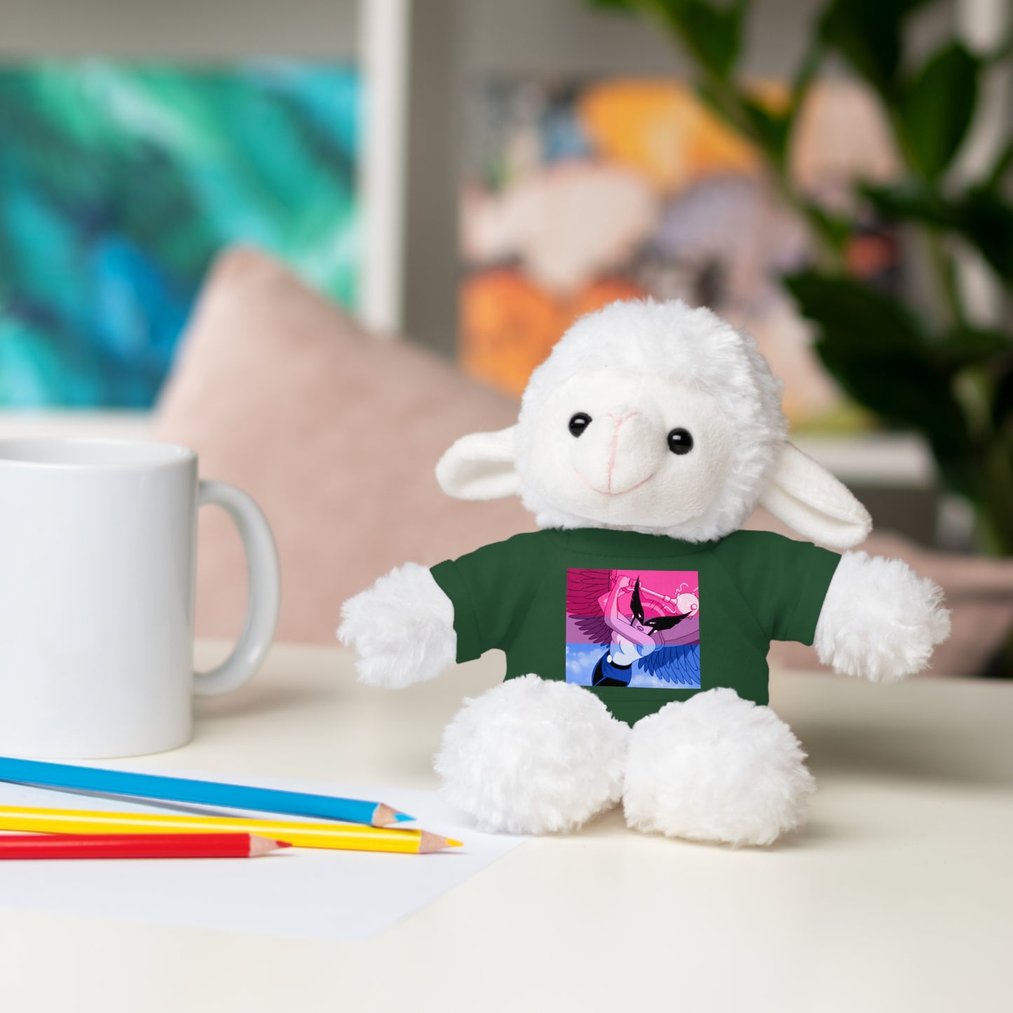 Plush Bear with Graphic Tee — Cute Pink & Blue Skateboard Design