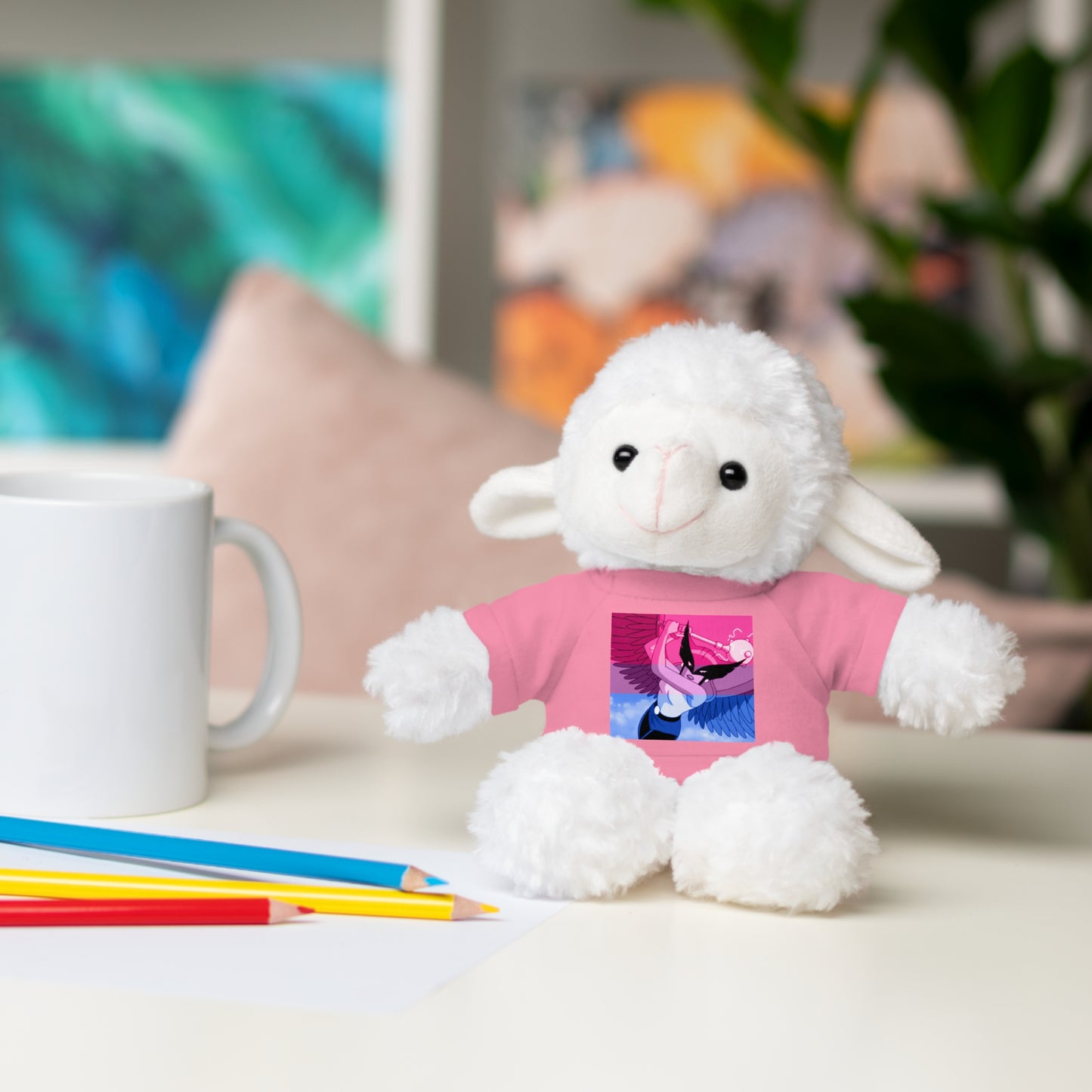 Plush Bear with Graphic Tee — Cute Pink & Blue Skateboard Design