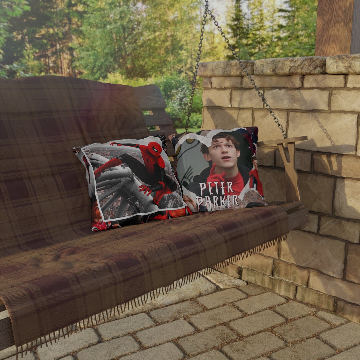 Superhero Collage Outdoor Pillow - Red Masked Hero Design
