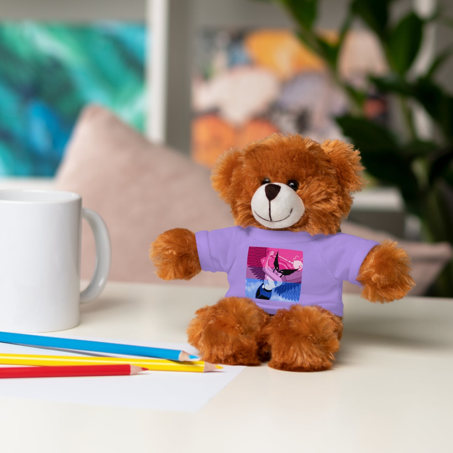 Plush Bear with Graphic Tee — Cute Pink & Blue Skateboard Design