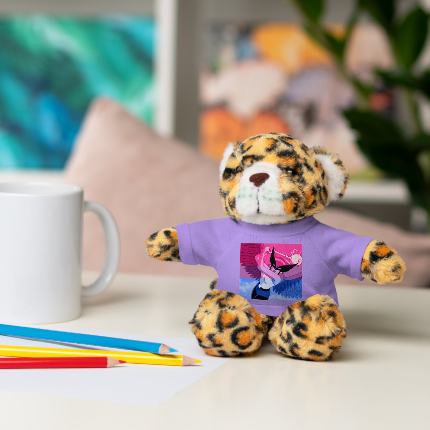 Plush Bear with Graphic Tee — Cute Pink & Blue Skateboard Design