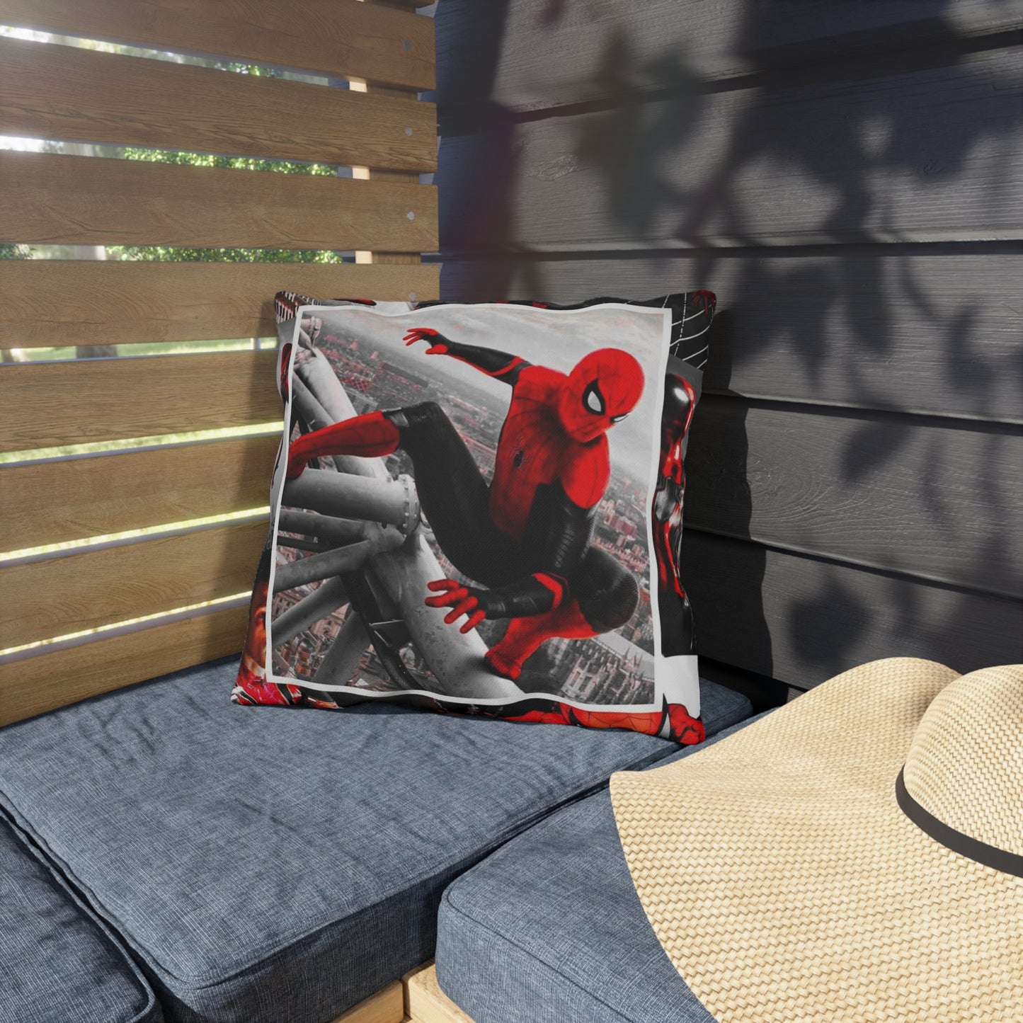 Superhero Collage Outdoor Pillow - Red Masked Hero Design