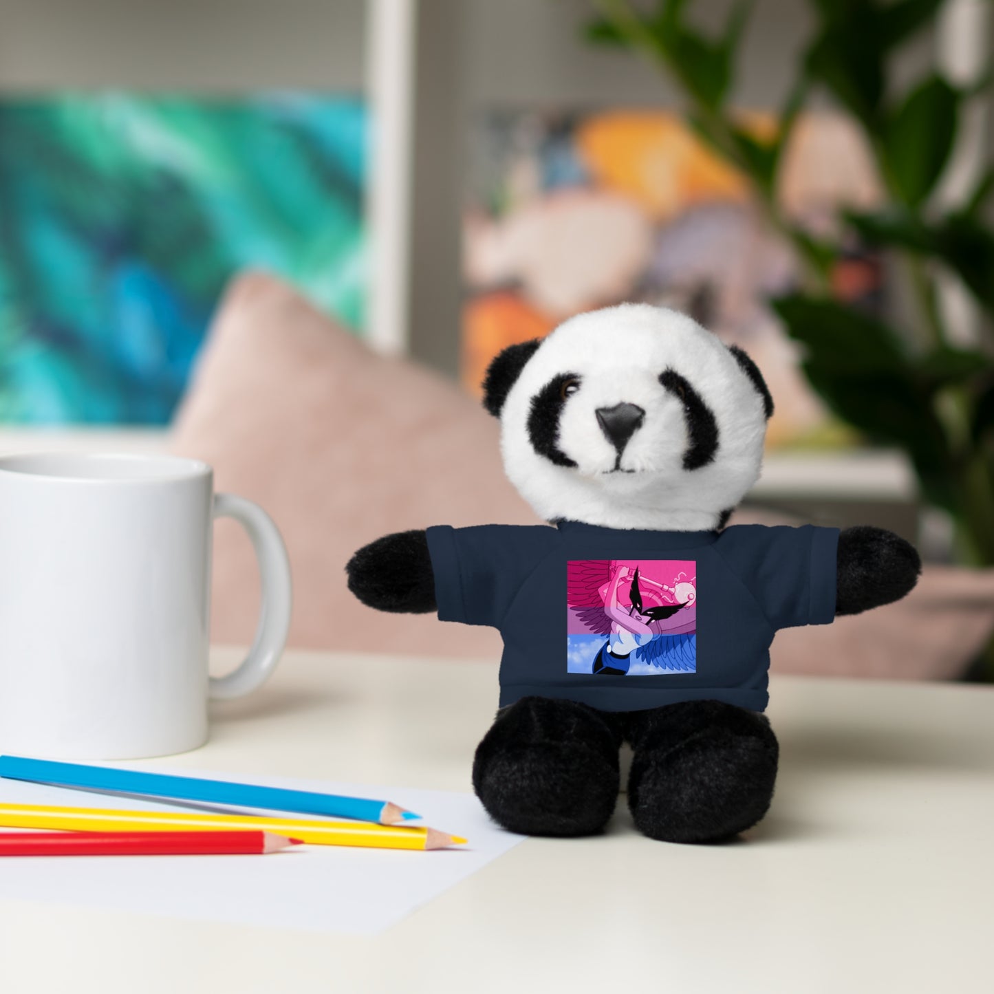 Plush Bear with Graphic Tee — Cute Pink & Blue Skateboard Design