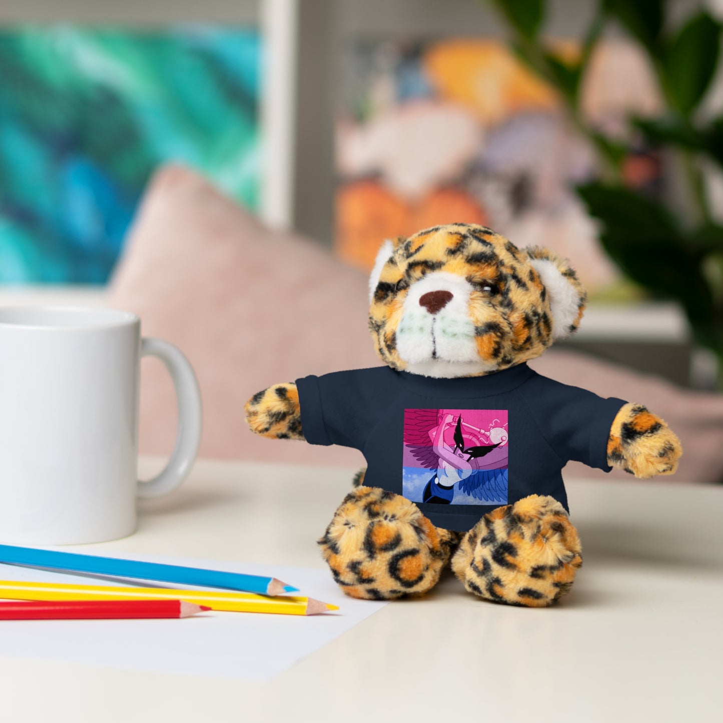 Plush Bear with Graphic Tee — Cute Pink & Blue Skateboard Design