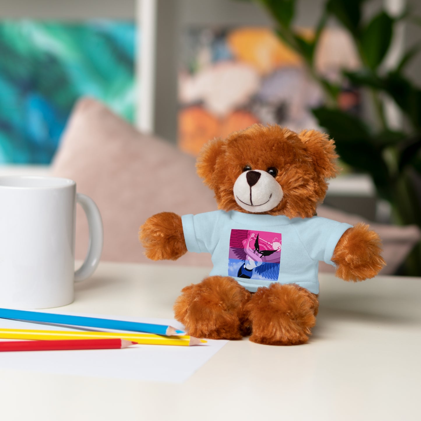Plush Bear with Graphic Tee — Cute Pink & Blue Skateboard Design