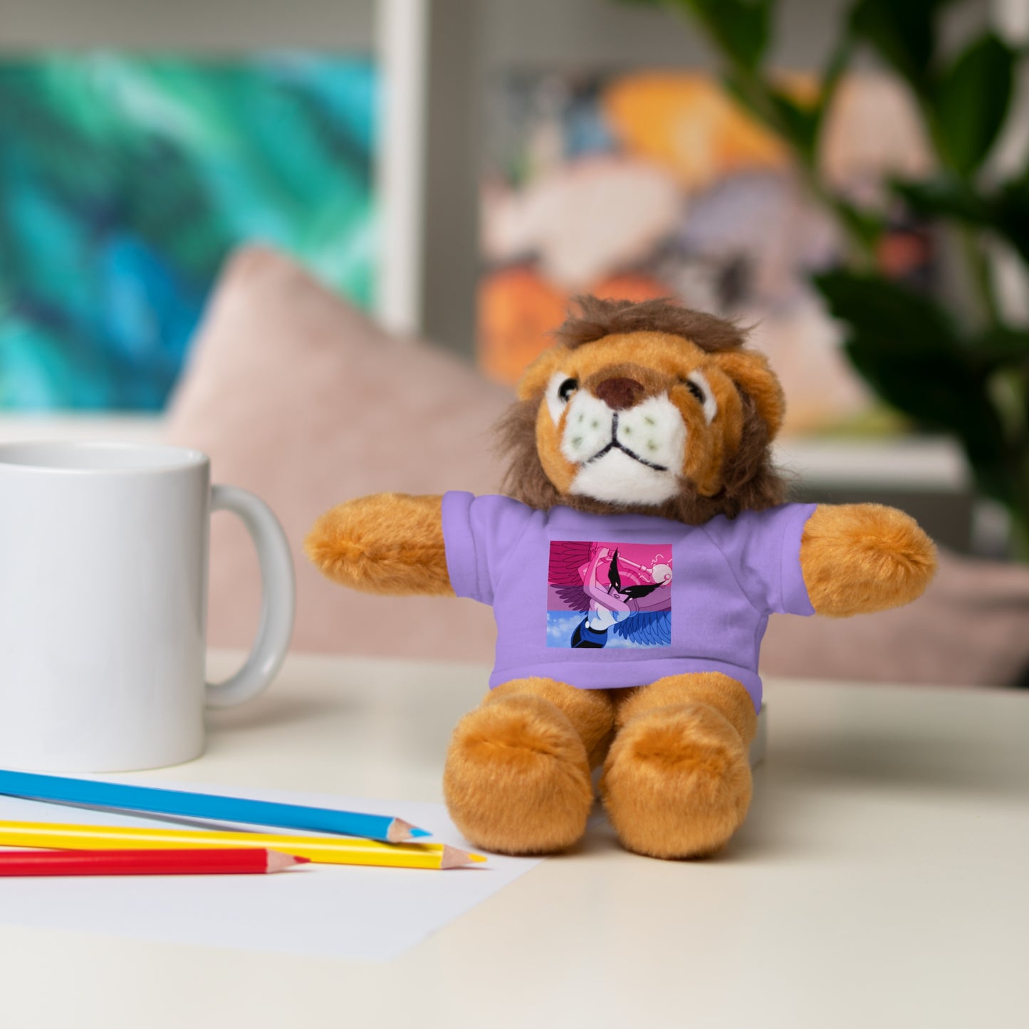 Plush Bear with Graphic Tee — Cute Pink & Blue Skateboard Design