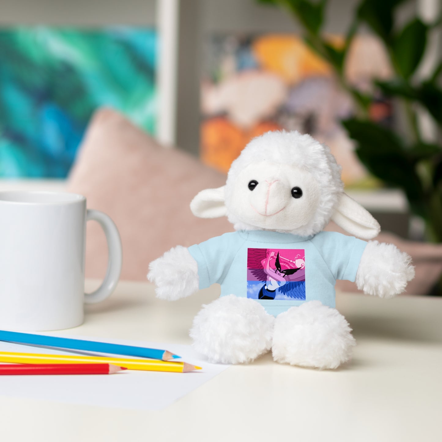 Plush Bear with Graphic Tee — Cute Pink & Blue Skateboard Design