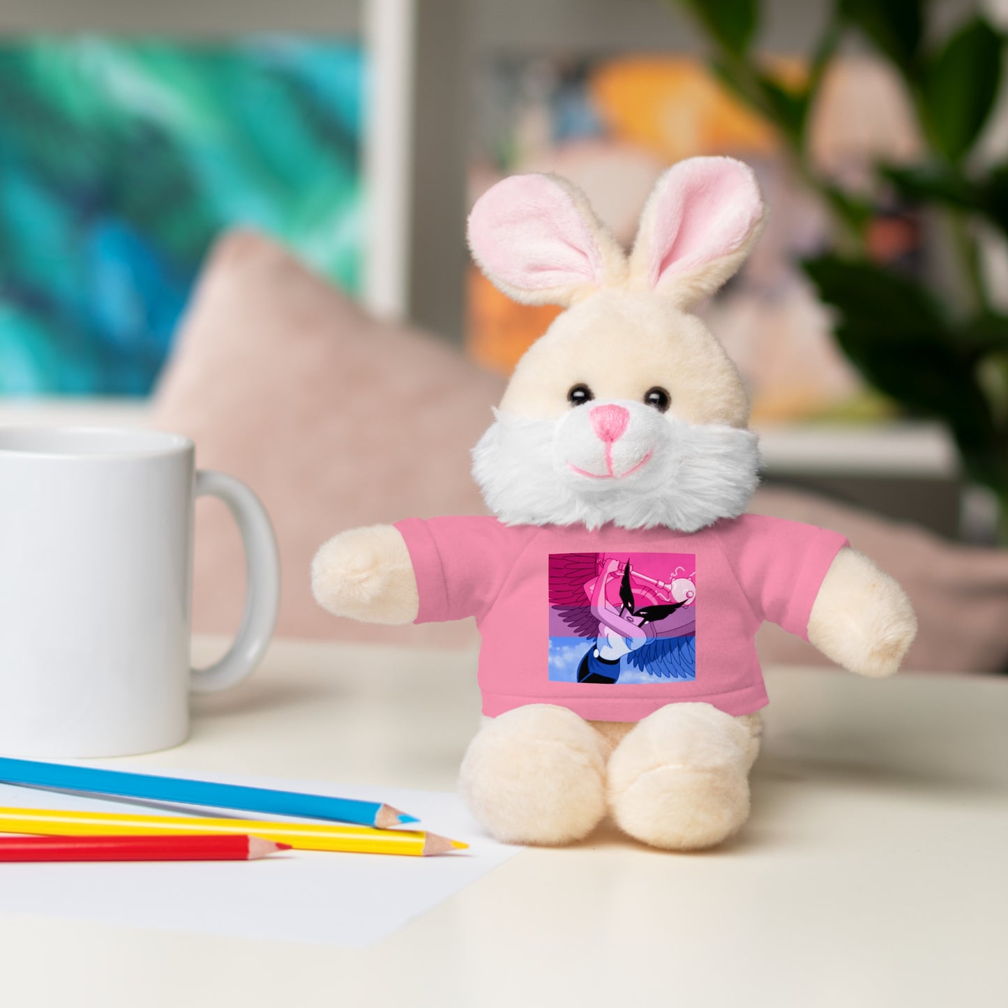 Plush Bear with Graphic Tee — Cute Pink & Blue Skateboard Design