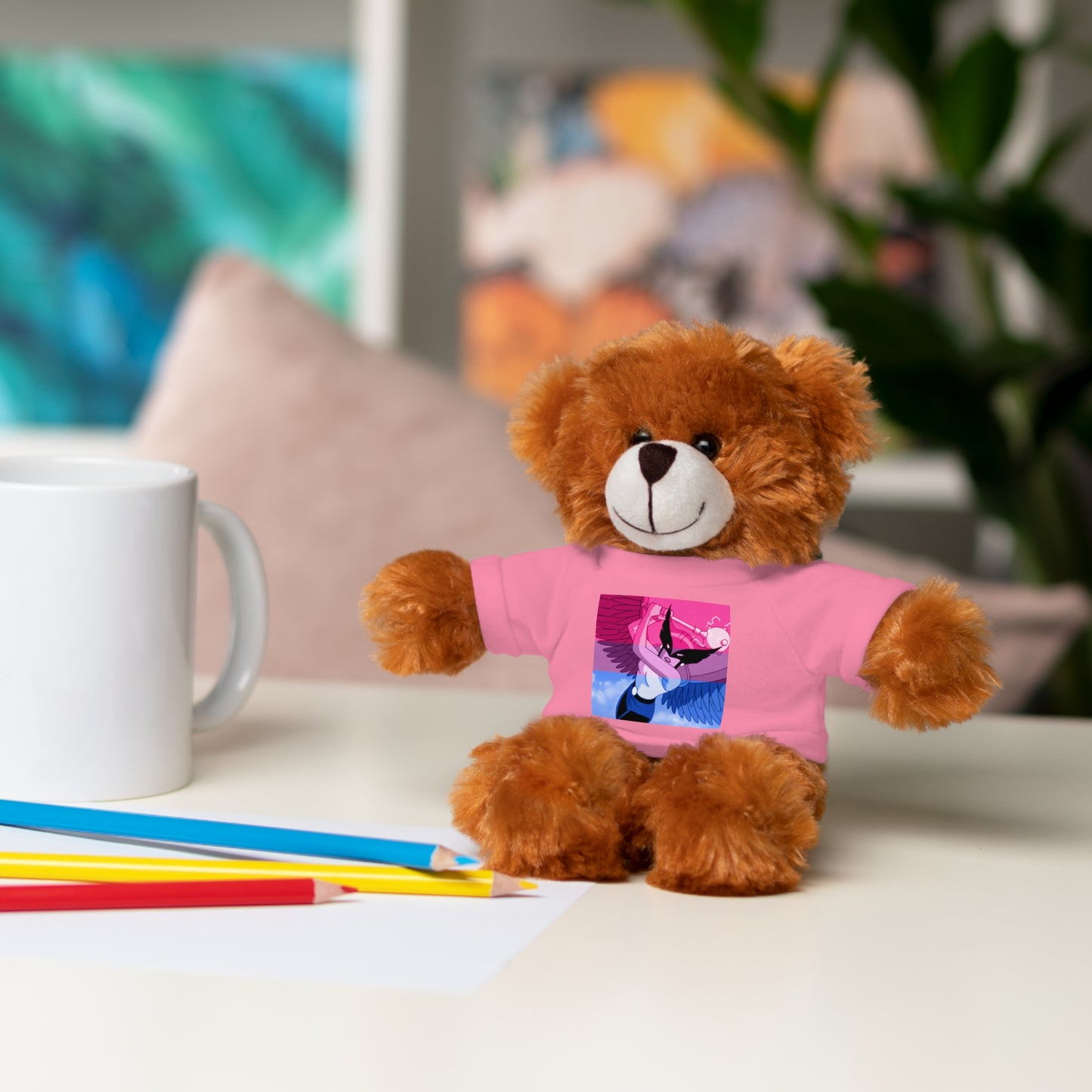 Plush Bear with Graphic Tee — Cute Pink & Blue Skateboard Design