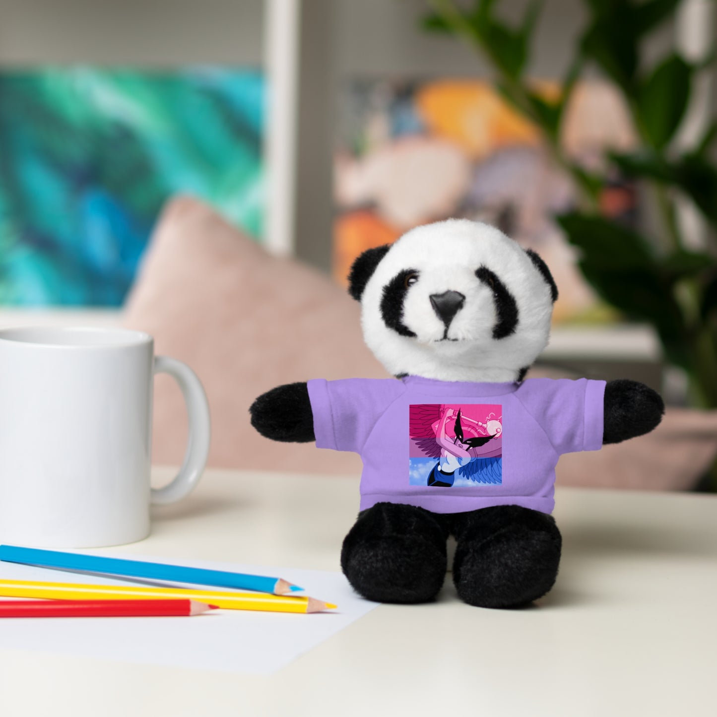 Plush Bear with Graphic Tee — Cute Pink & Blue Skateboard Design