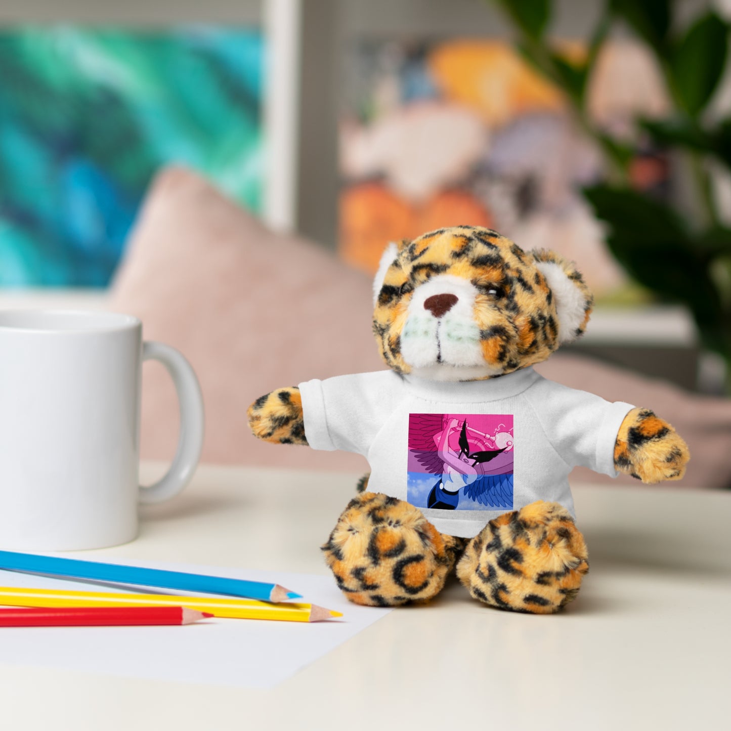 Plush Bear with Graphic Tee — Cute Pink & Blue Skateboard Design