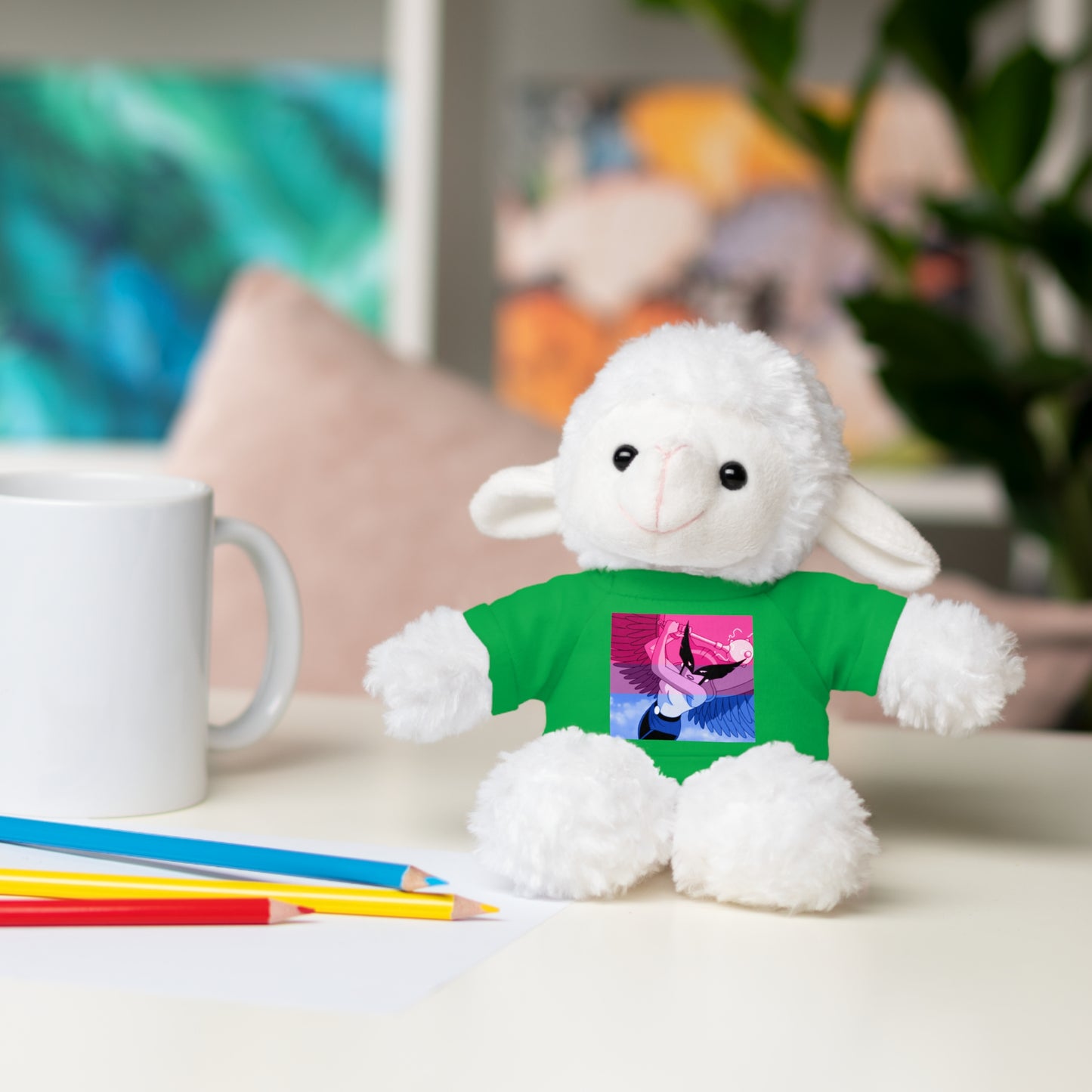 Plush Bear with Graphic Tee — Cute Pink & Blue Skateboard Design