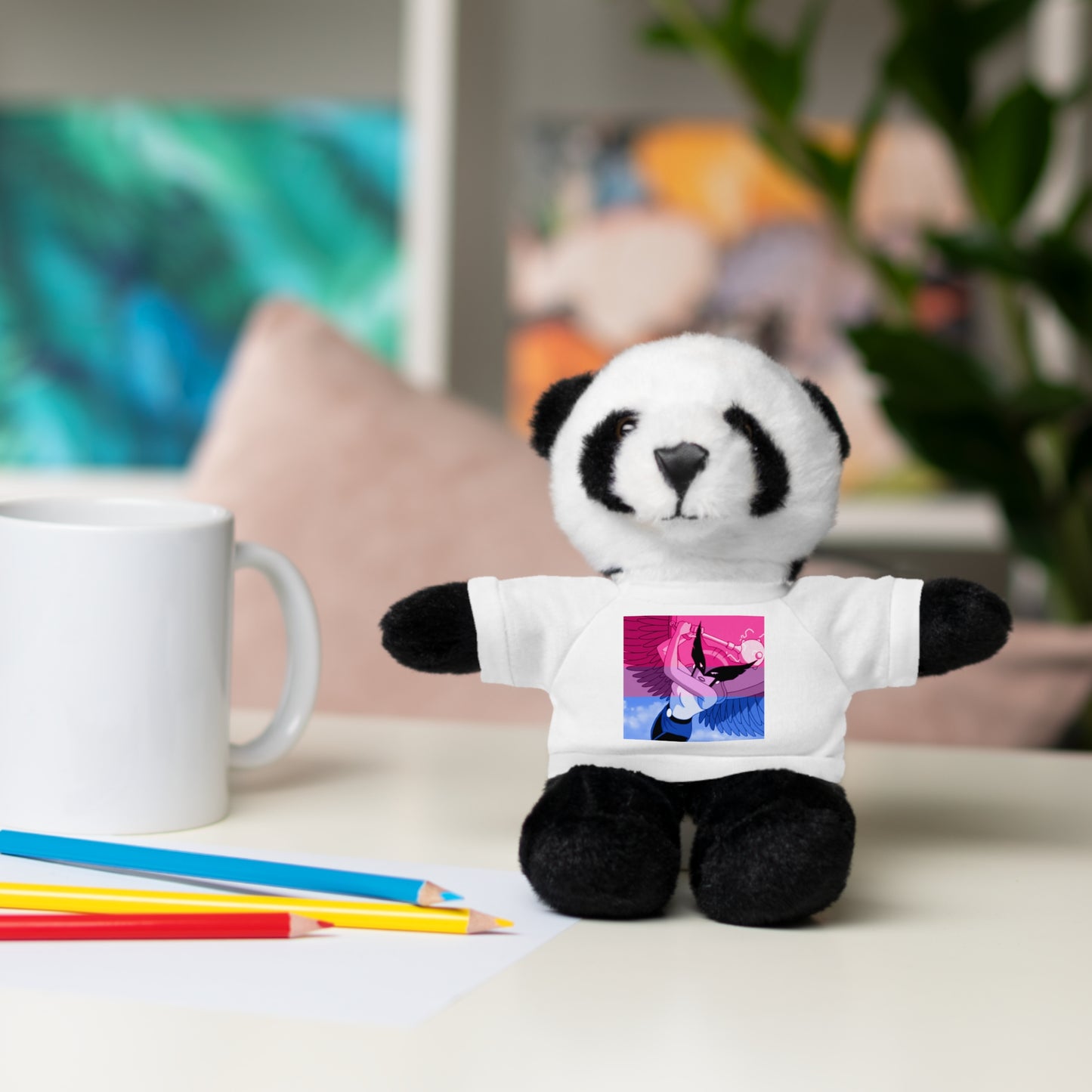 Plush Bear with Graphic Tee — Cute Pink & Blue Skateboard Design
