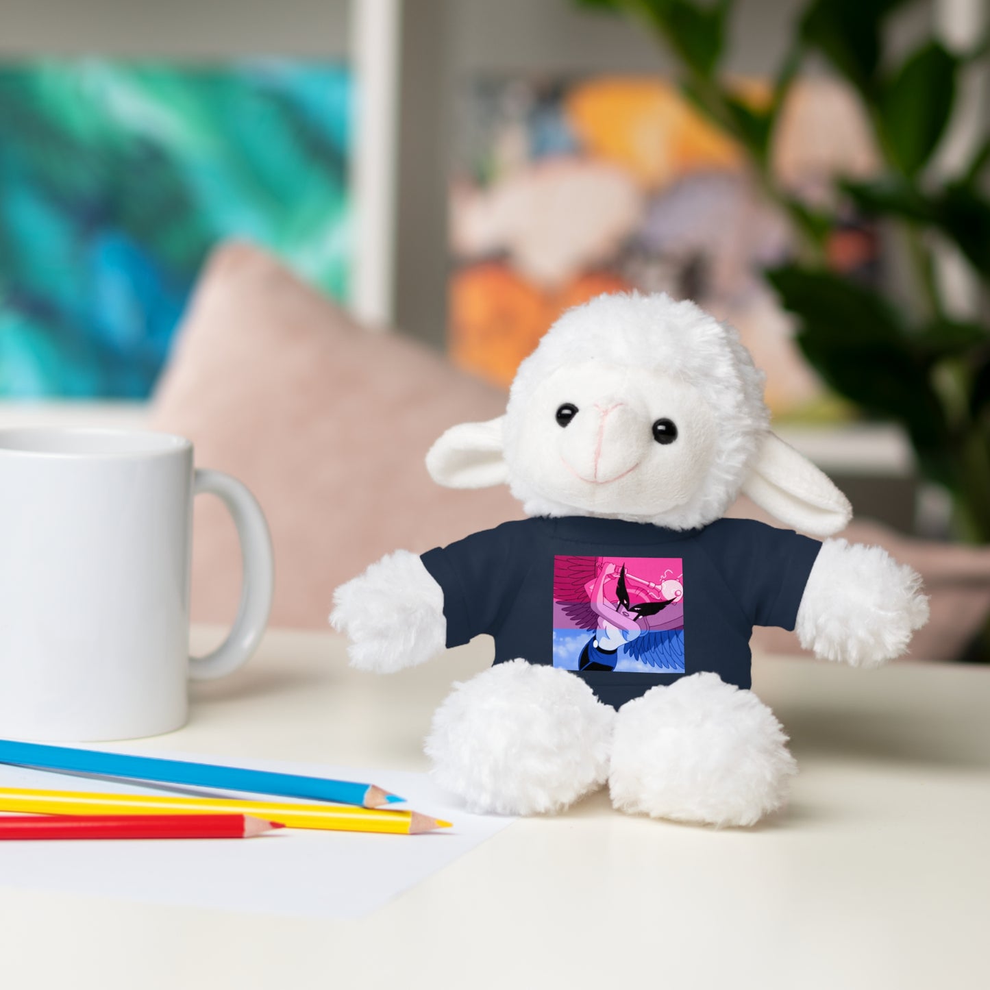 Plush Bear with Graphic Tee — Cute Pink & Blue Skateboard Design