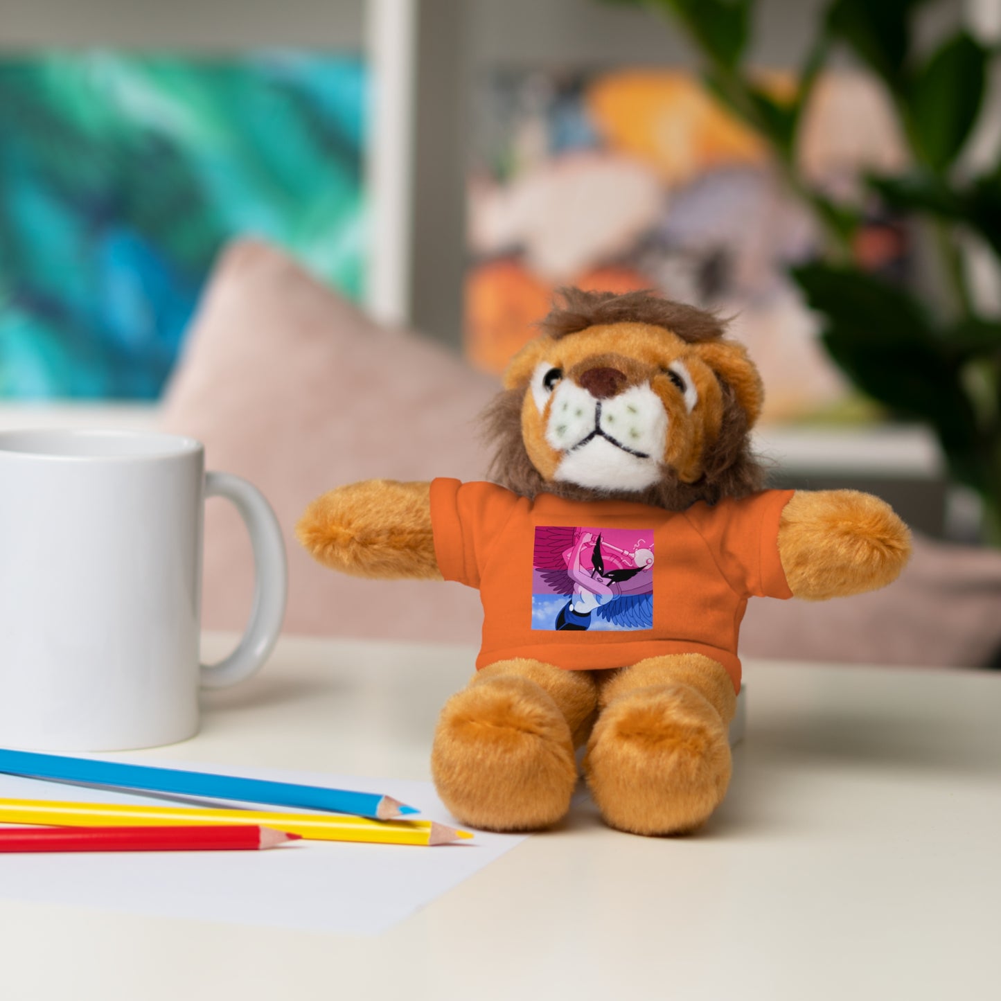 Plush Bear with Graphic Tee — Cute Pink & Blue Skateboard Design