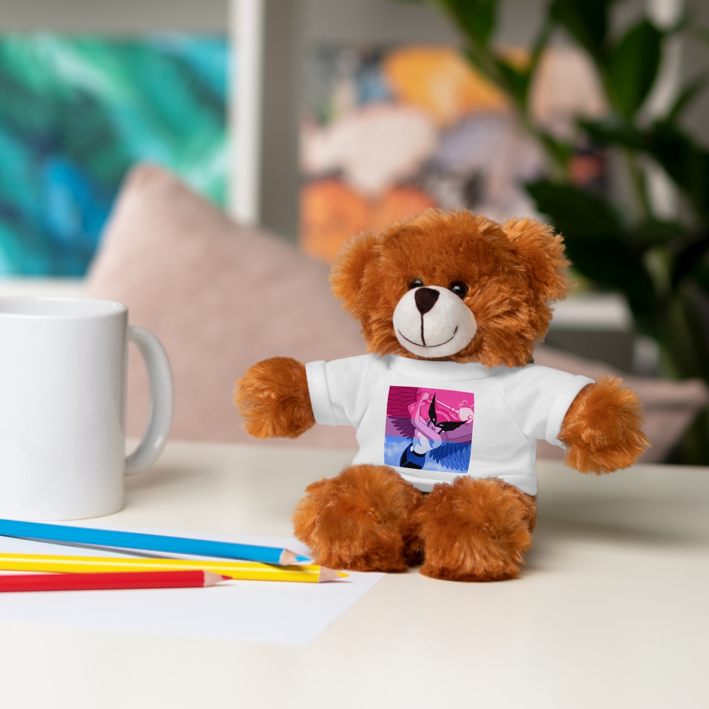 Plush Bear with Graphic Tee — Cute Pink & Blue Skateboard Design