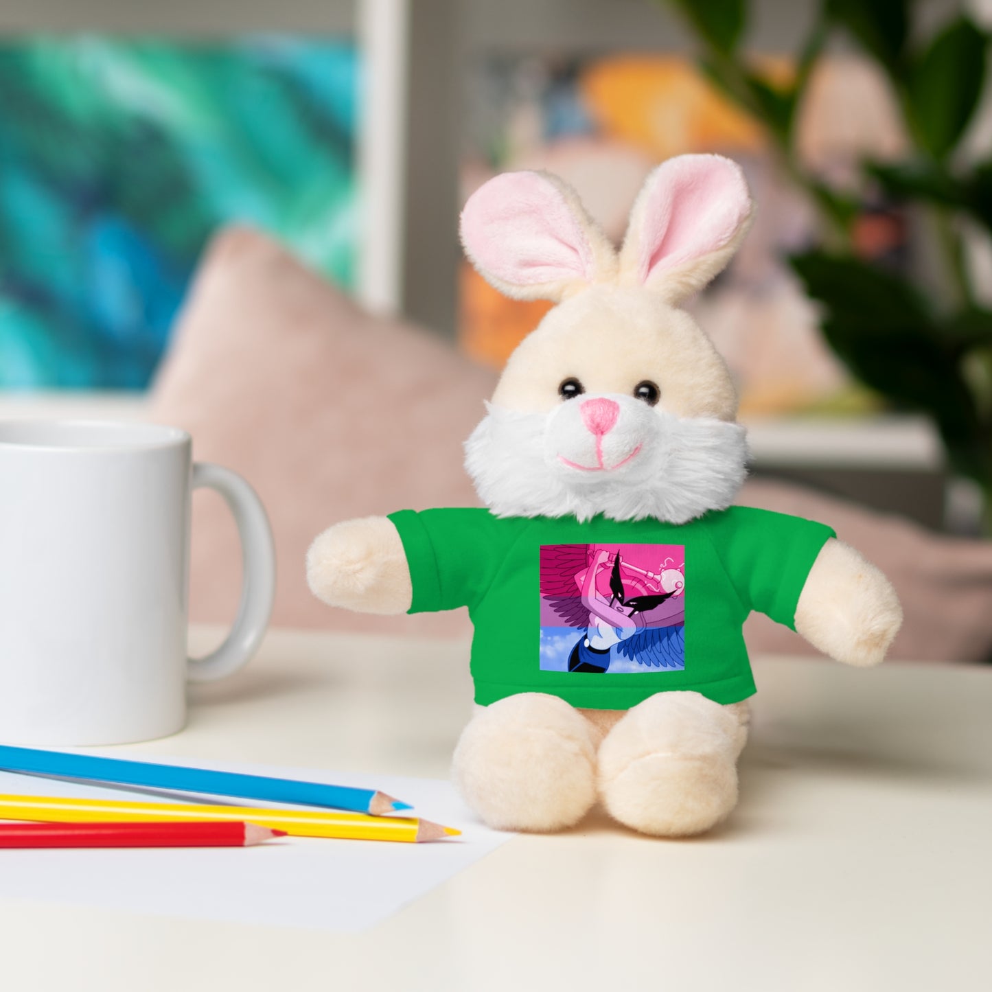 Plush Bear with Graphic Tee — Cute Pink & Blue Skateboard Design