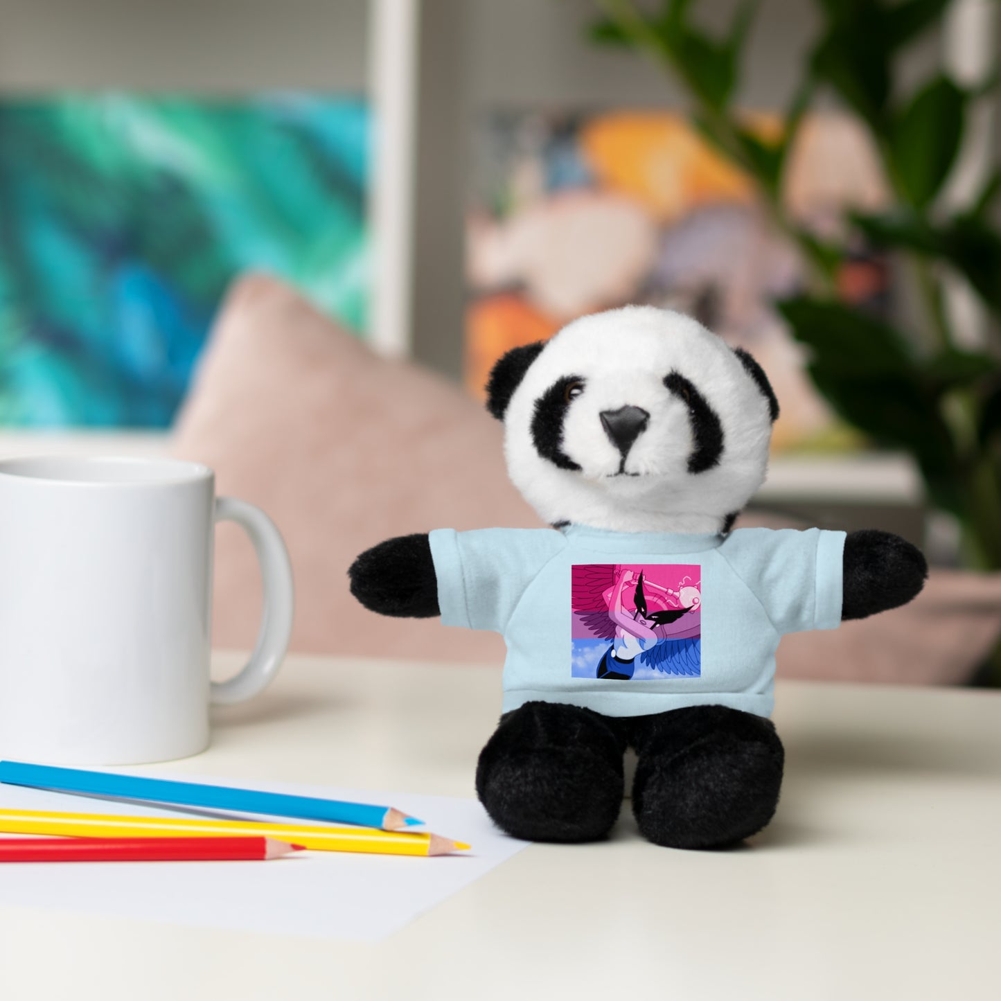Plush Bear with Graphic Tee — Cute Pink & Blue Skateboard Design