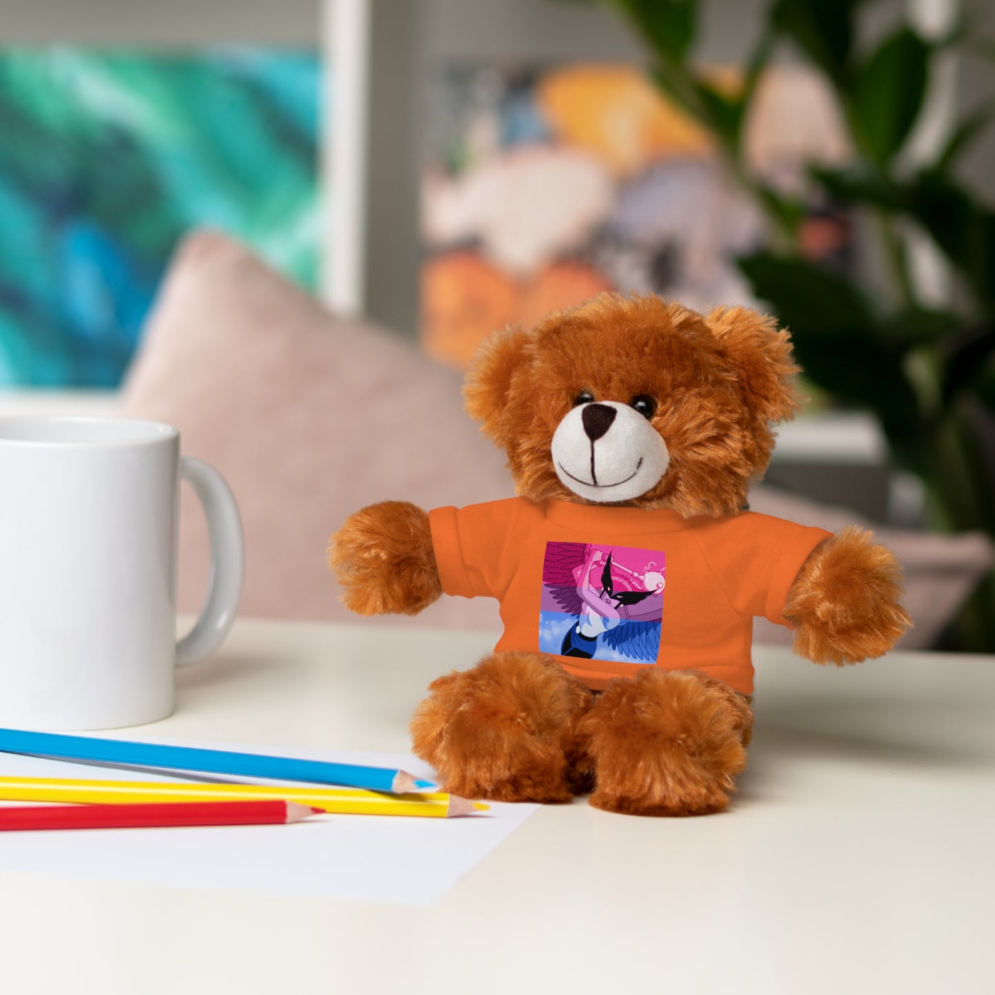 Plush Bear with Graphic Tee — Cute Pink & Blue Skateboard Design