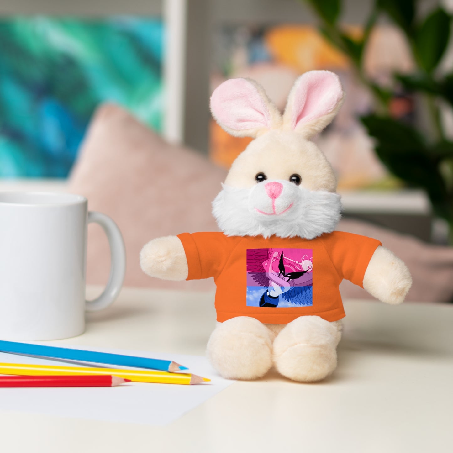 Plush Bear with Graphic Tee — Cute Pink & Blue Skateboard Design