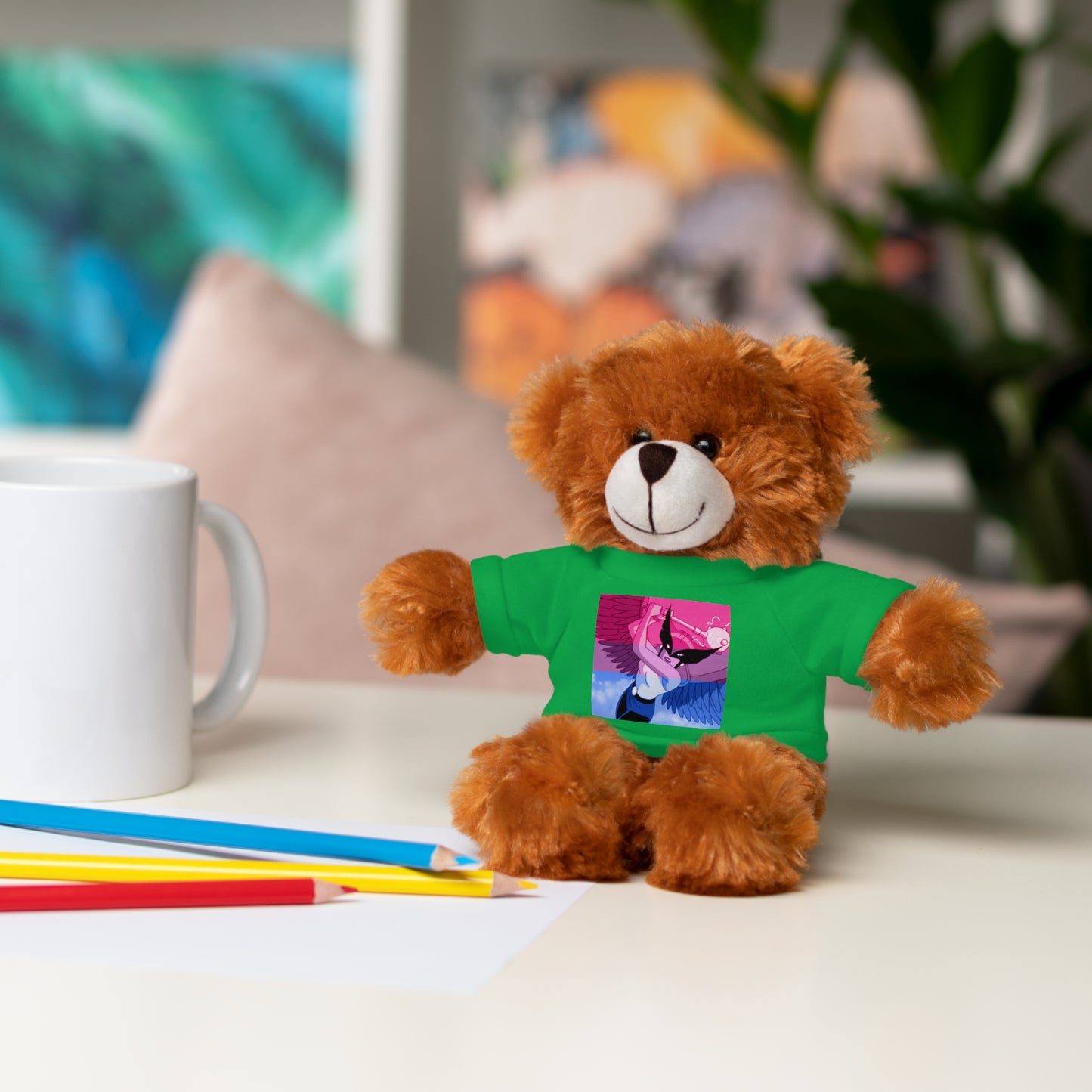 Plush Bear with Graphic Tee — Cute Pink & Blue Skateboard Design
