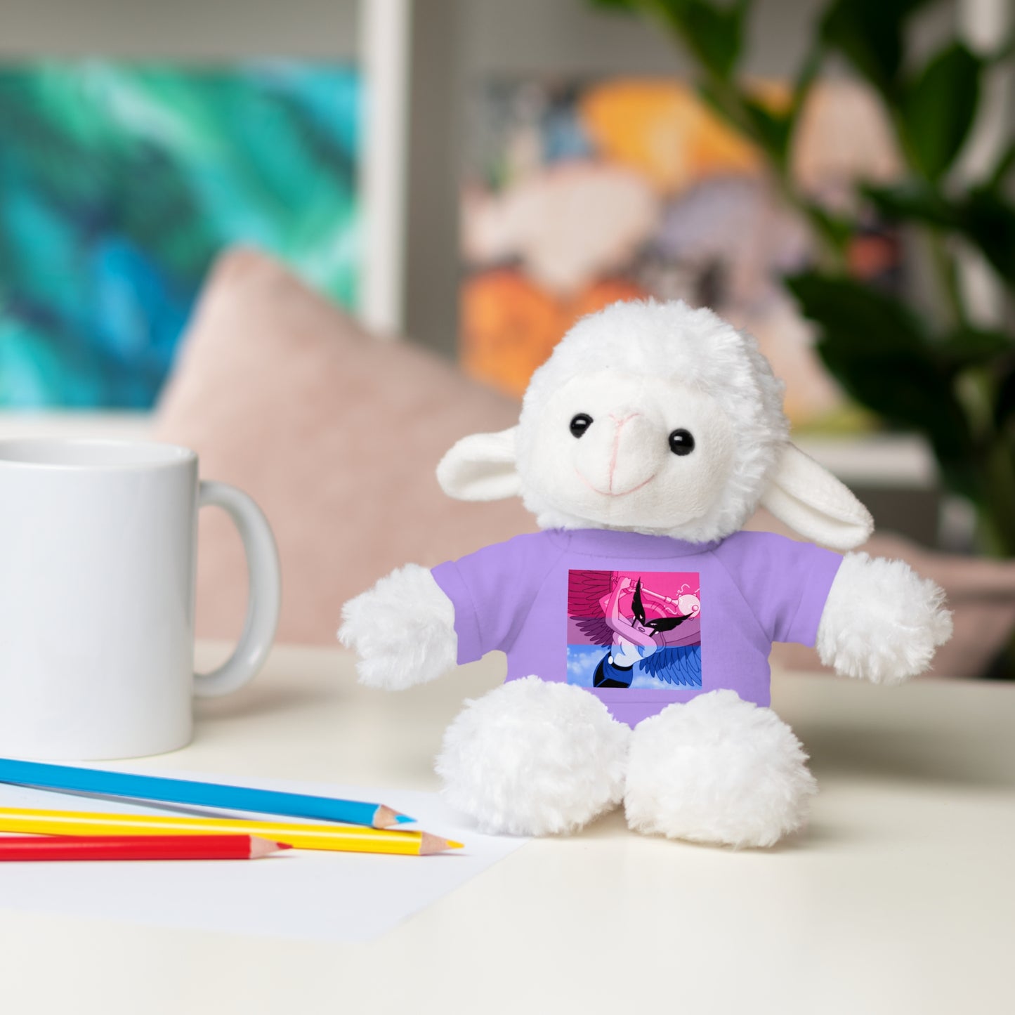 Plush Bear with Graphic Tee — Cute Pink & Blue Skateboard Design