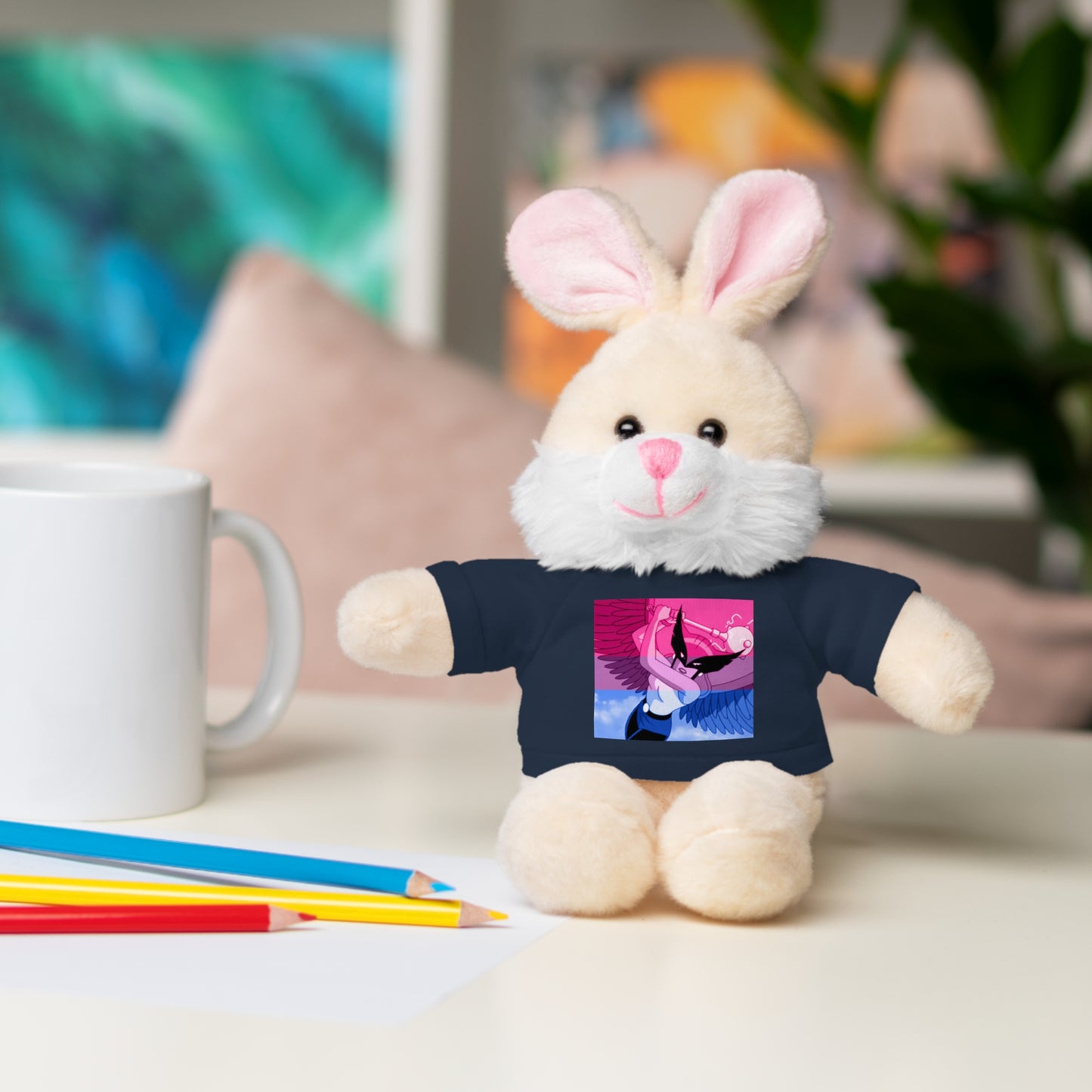 Plush Bear with Graphic Tee — Cute Pink & Blue Skateboard Design