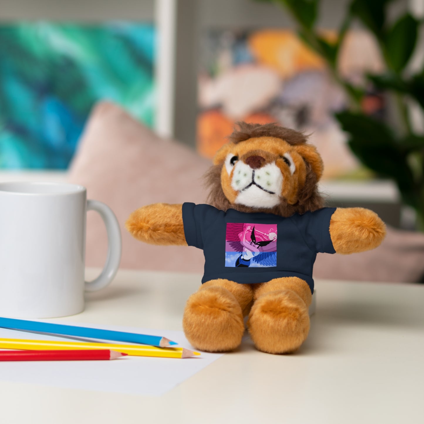 Plush Bear with Graphic Tee — Cute Pink & Blue Skateboard Design