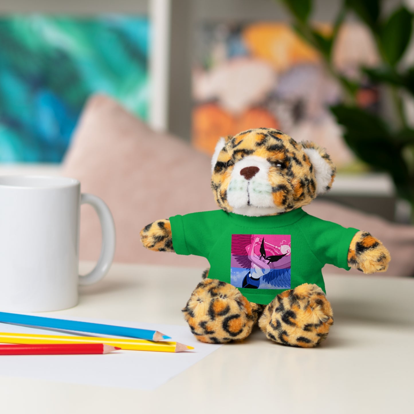Plush Bear with Graphic Tee — Cute Pink & Blue Skateboard Design