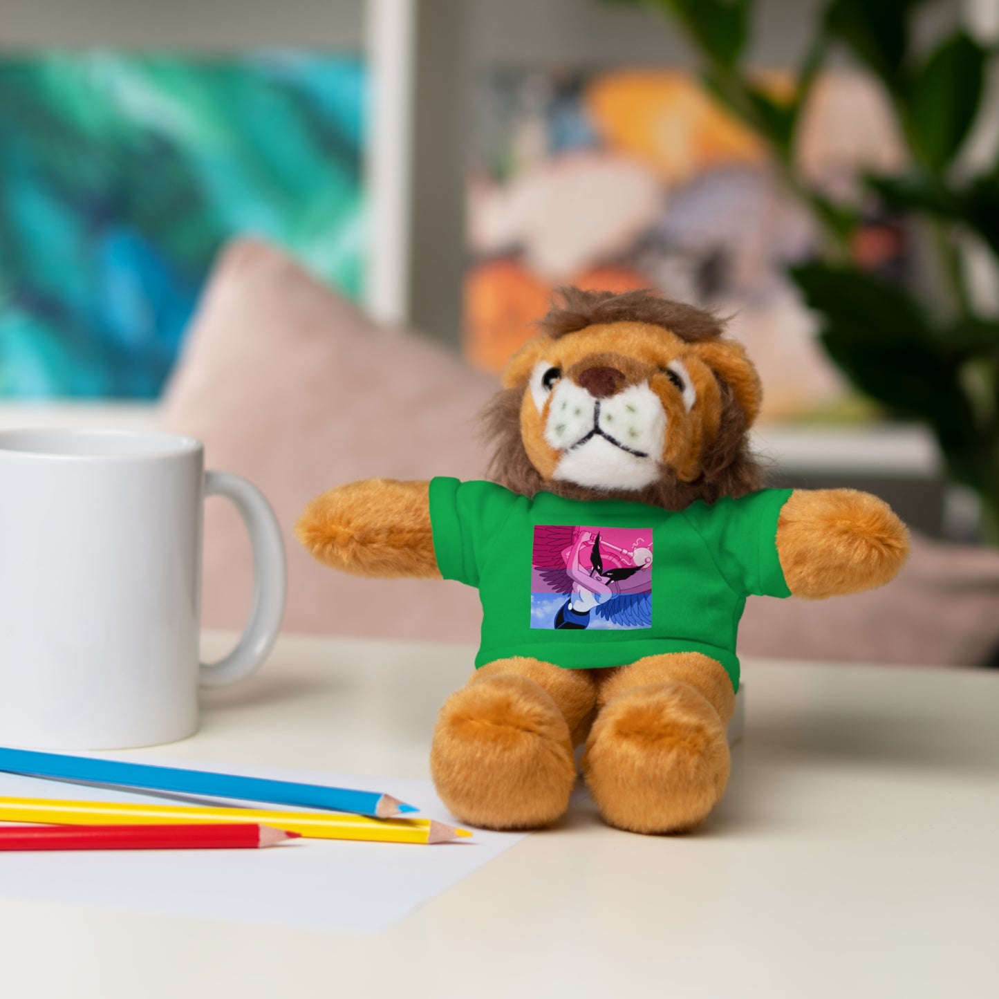 Plush Bear with Graphic Tee — Cute Pink & Blue Skateboard Design