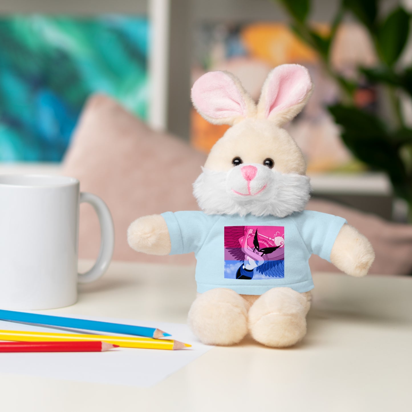 Plush Bear with Graphic Tee — Cute Pink & Blue Skateboard Design