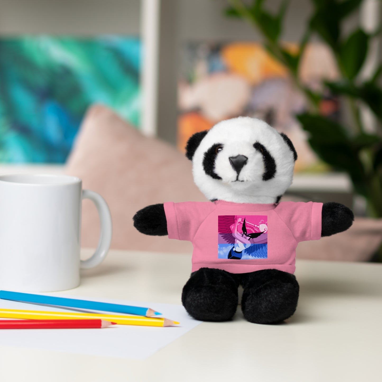 Plush Bear with Graphic Tee — Cute Pink & Blue Skateboard Design