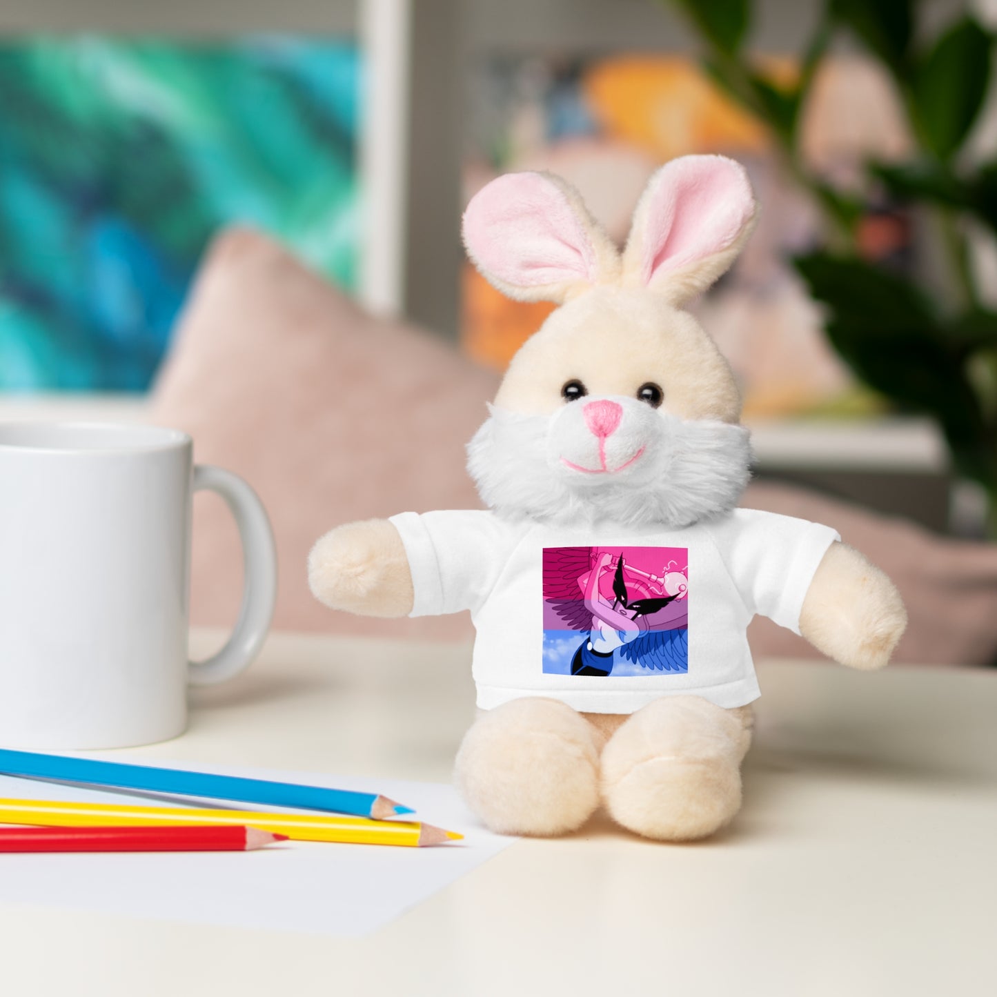 Plush Bear with Graphic Tee — Cute Pink & Blue Skateboard Design