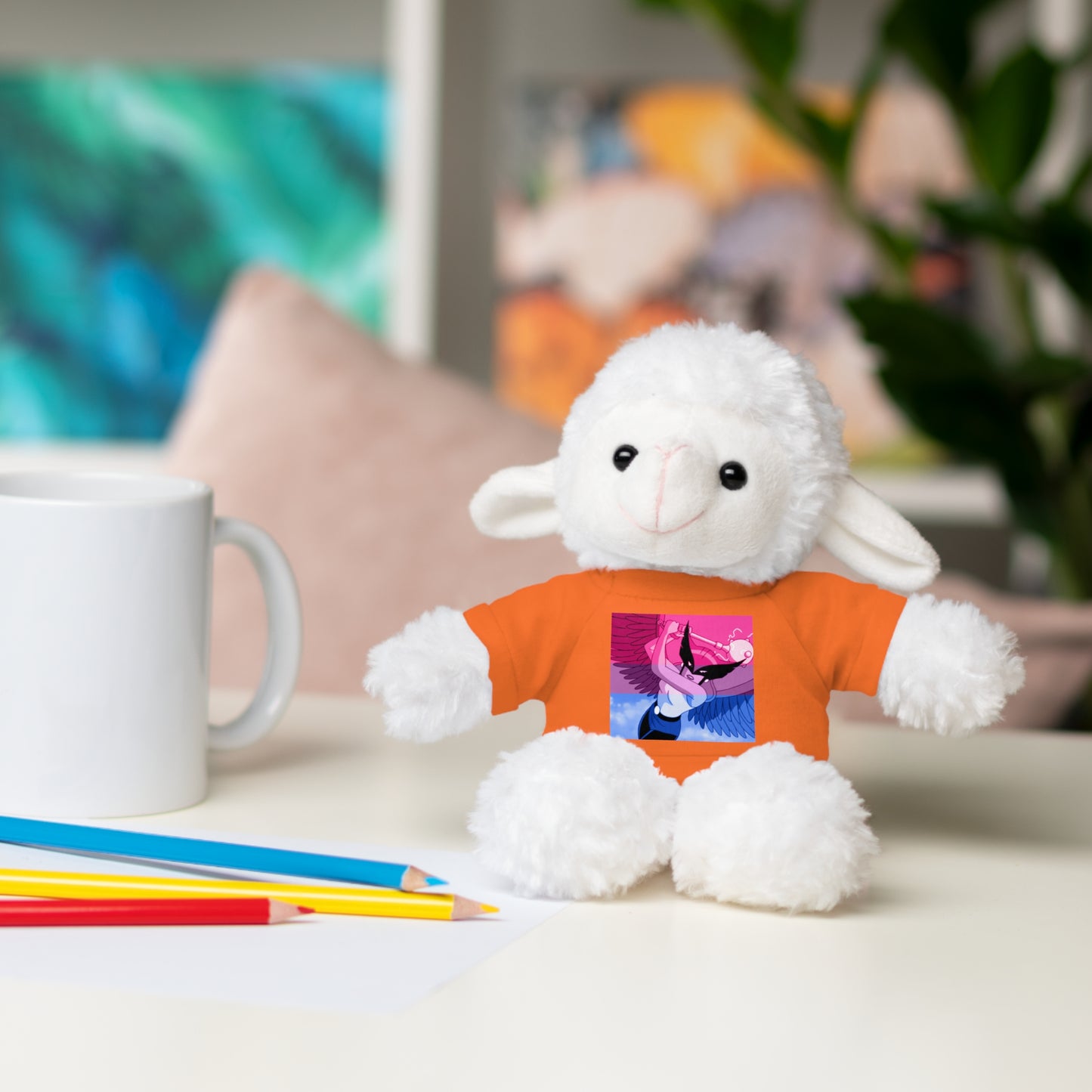 Plush Bear with Graphic Tee — Cute Pink & Blue Skateboard Design