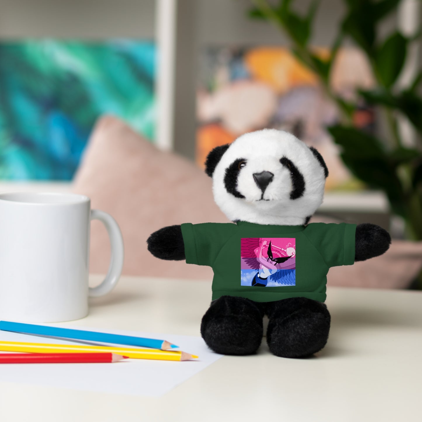 Plush Bear with Graphic Tee — Cute Pink & Blue Skateboard Design
