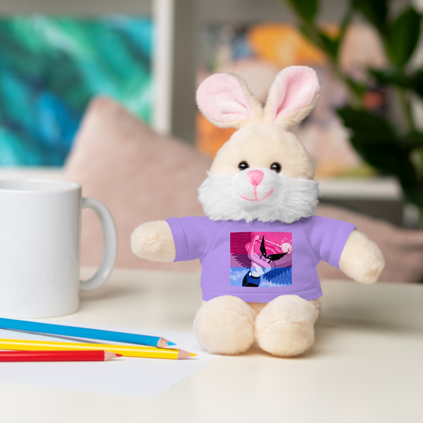 Plush Bear with Graphic Tee — Cute Pink & Blue Skateboard Design