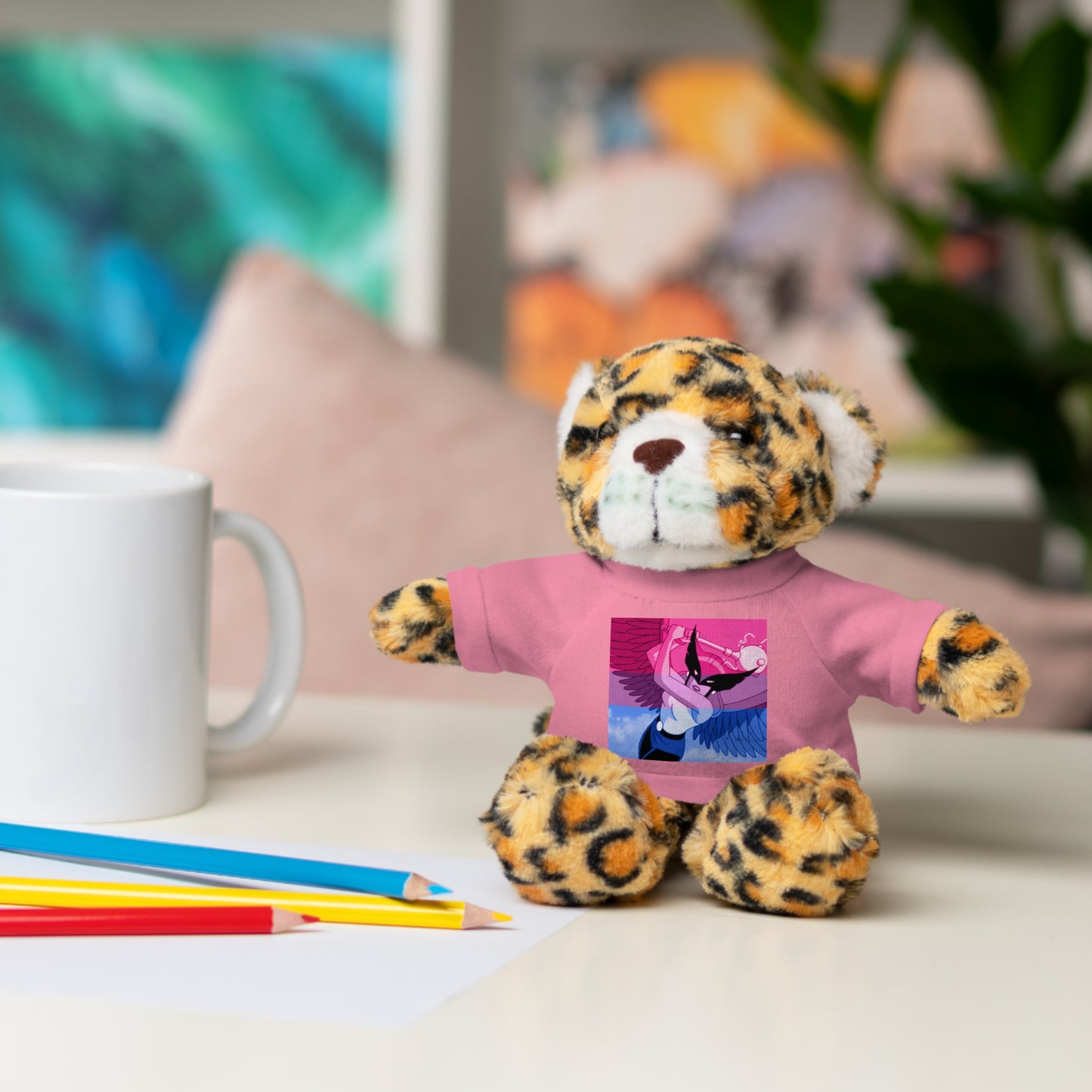 Plush Bear with Graphic Tee — Cute Pink & Blue Skateboard Design