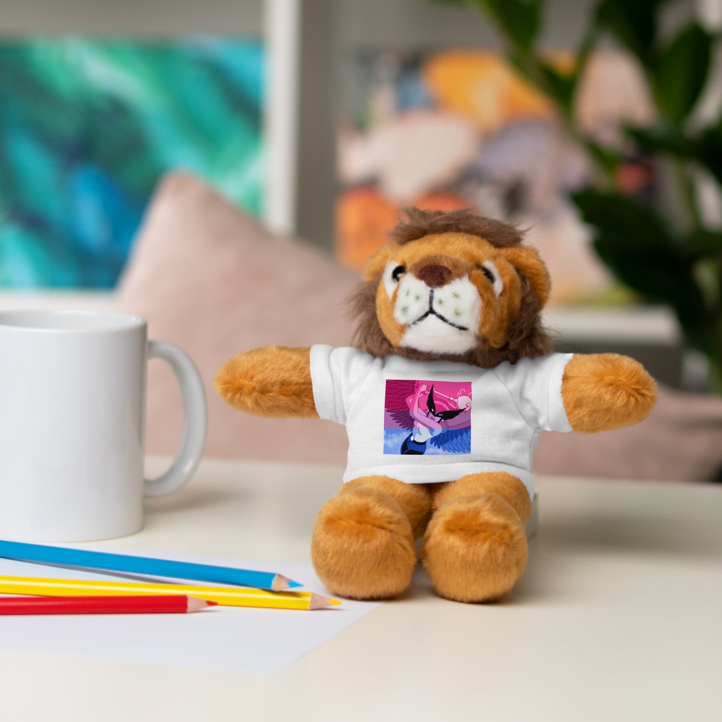 Plush Bear with Graphic Tee — Cute Pink & Blue Skateboard Design