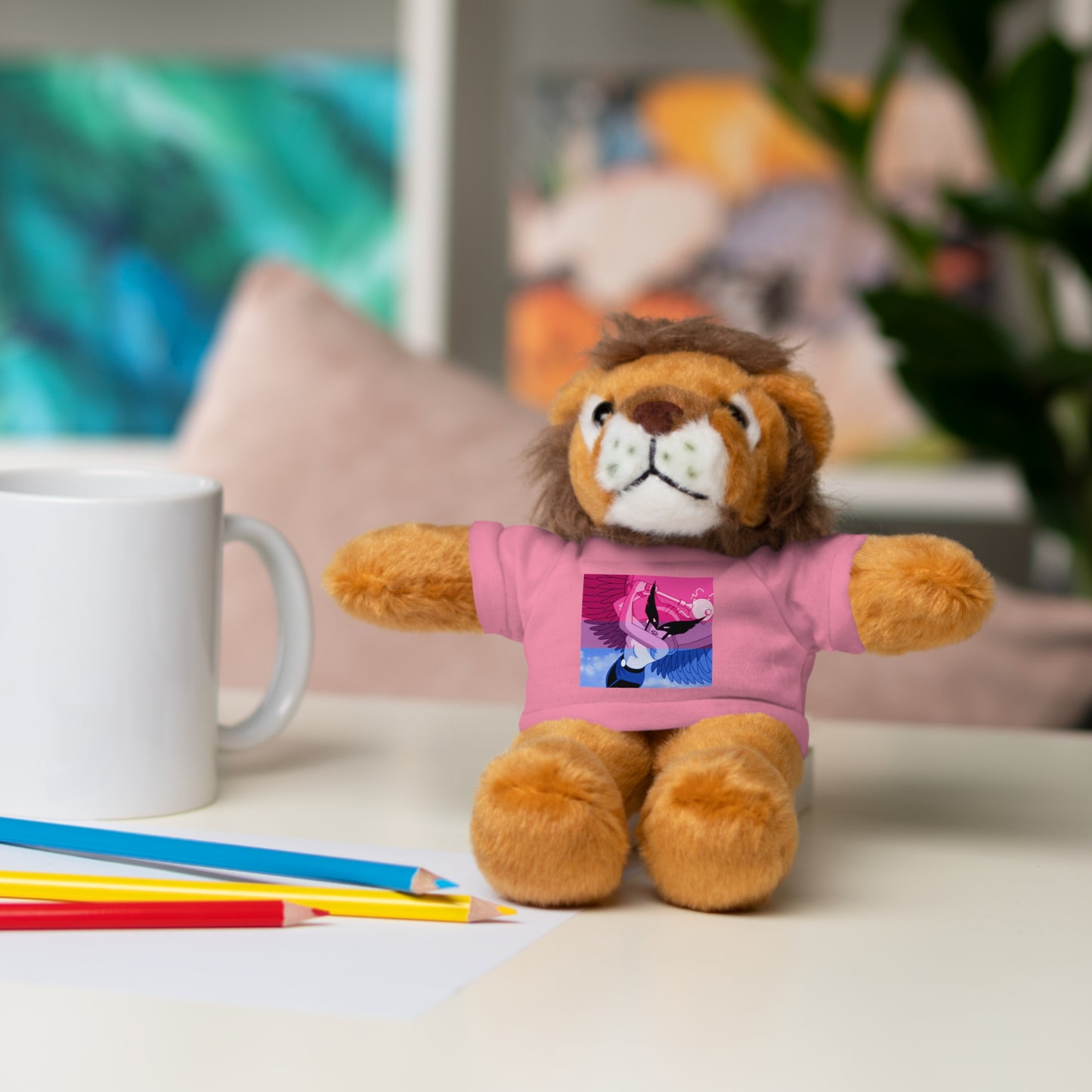 Plush Bear with Graphic Tee — Cute Pink & Blue Skateboard Design