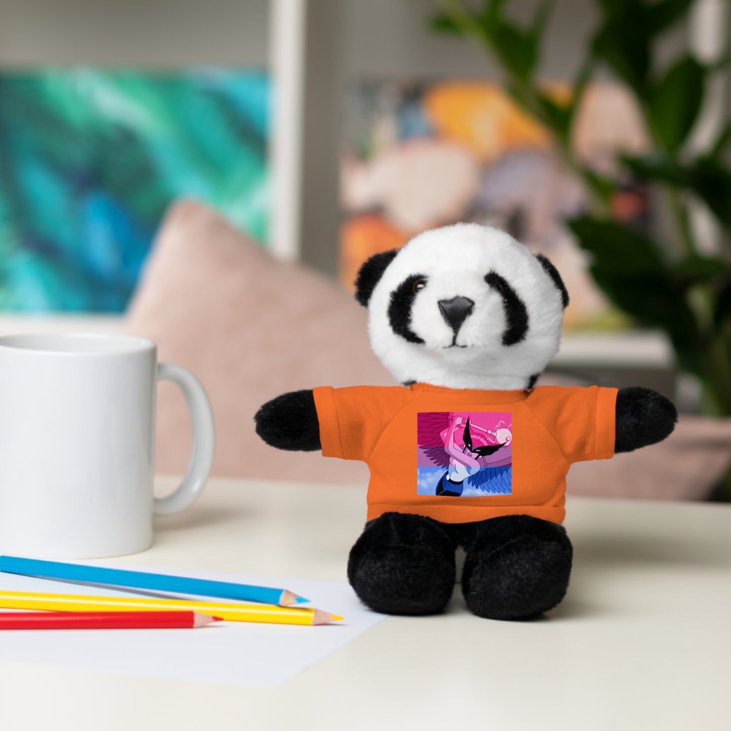 Plush Bear with Graphic Tee — Cute Pink & Blue Skateboard Design